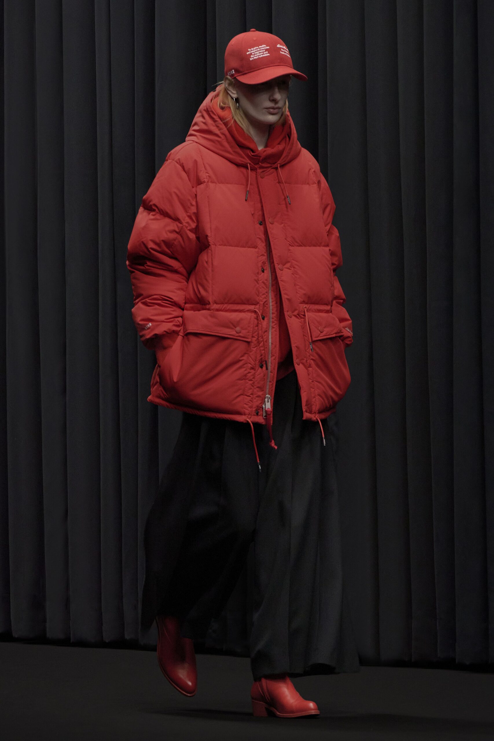 red long-sleeve hooded oversized jacket