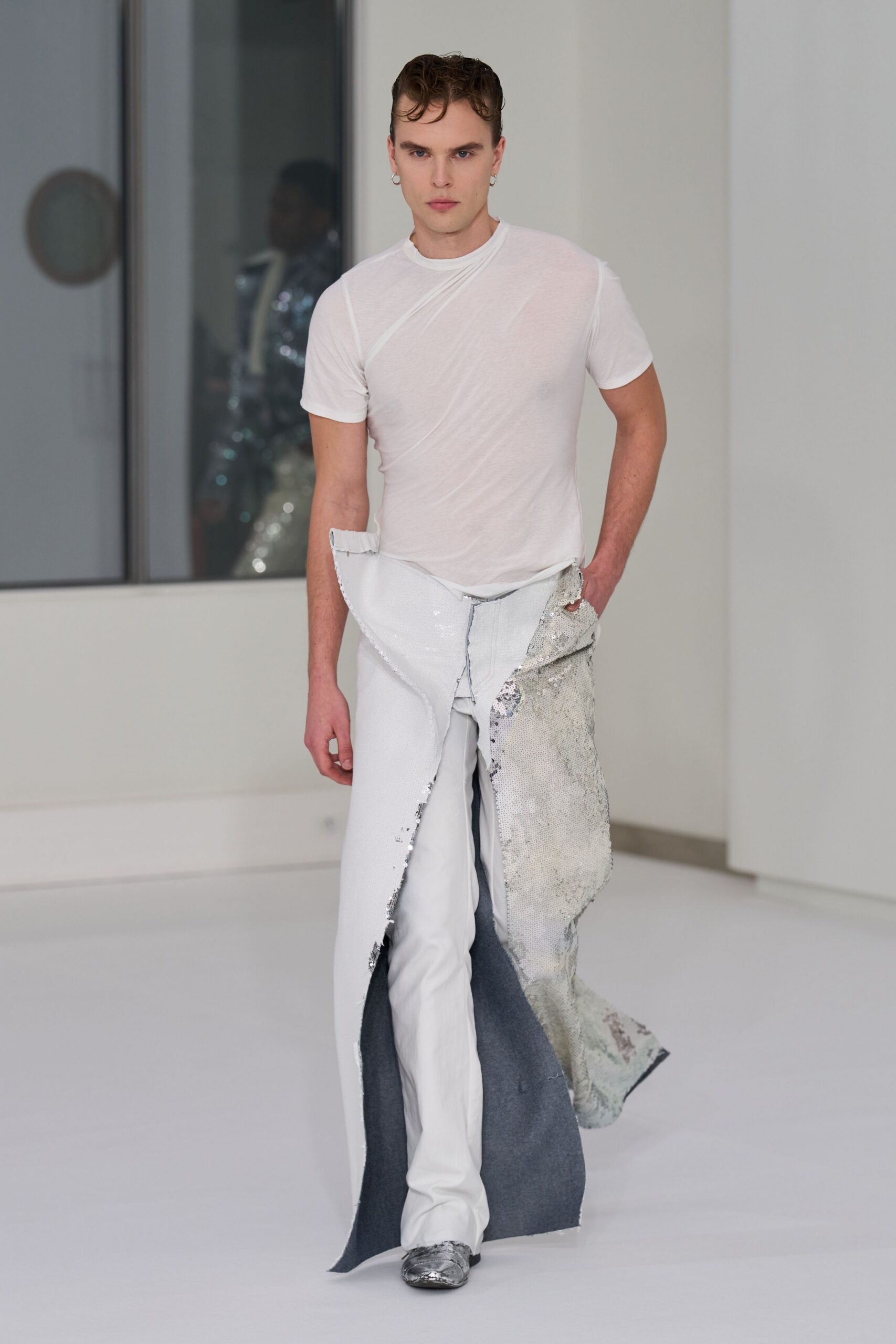 white denim asymmetric slim zippered pants