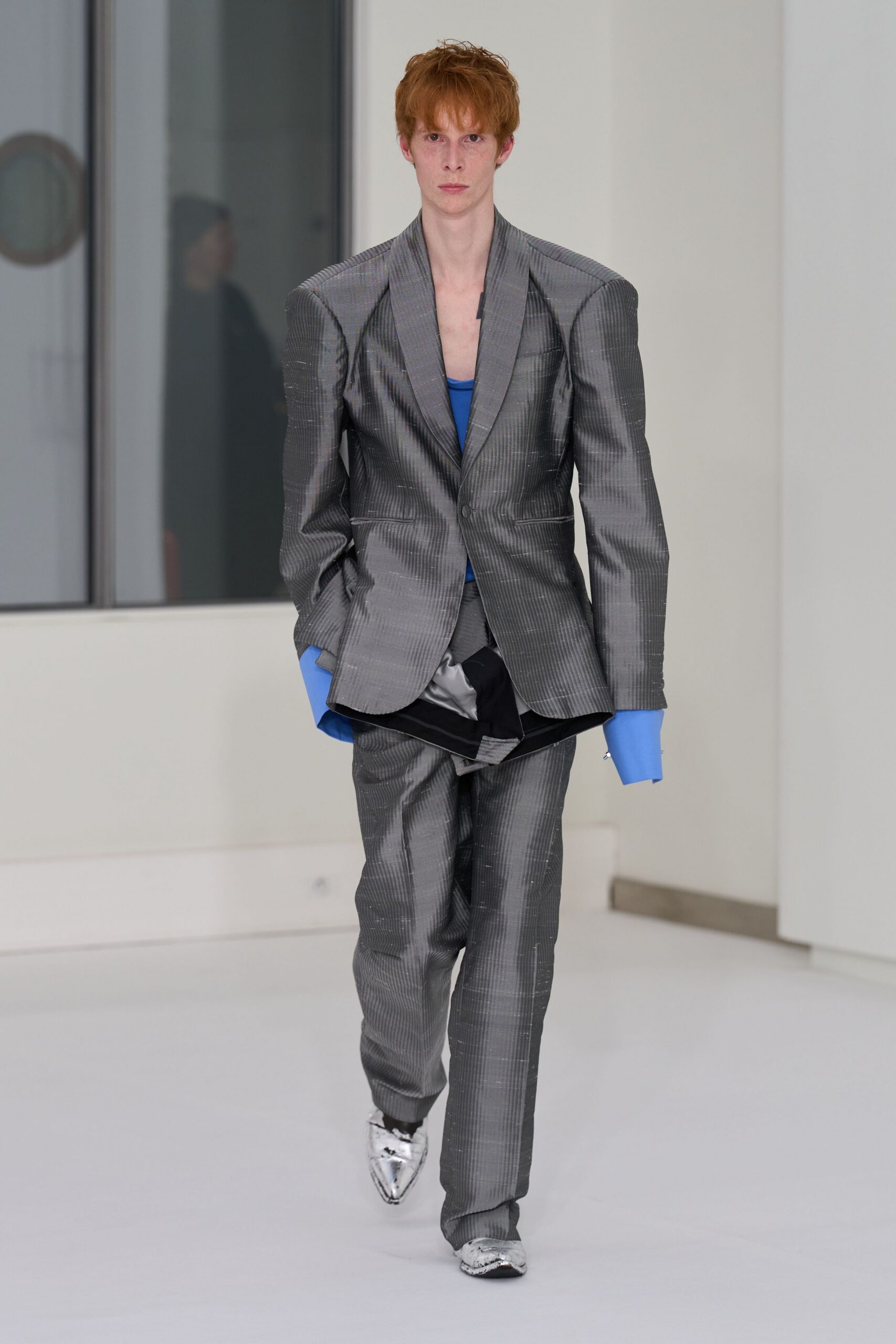 gray cotton long-sleeve collared tailored checked buttoned suit
