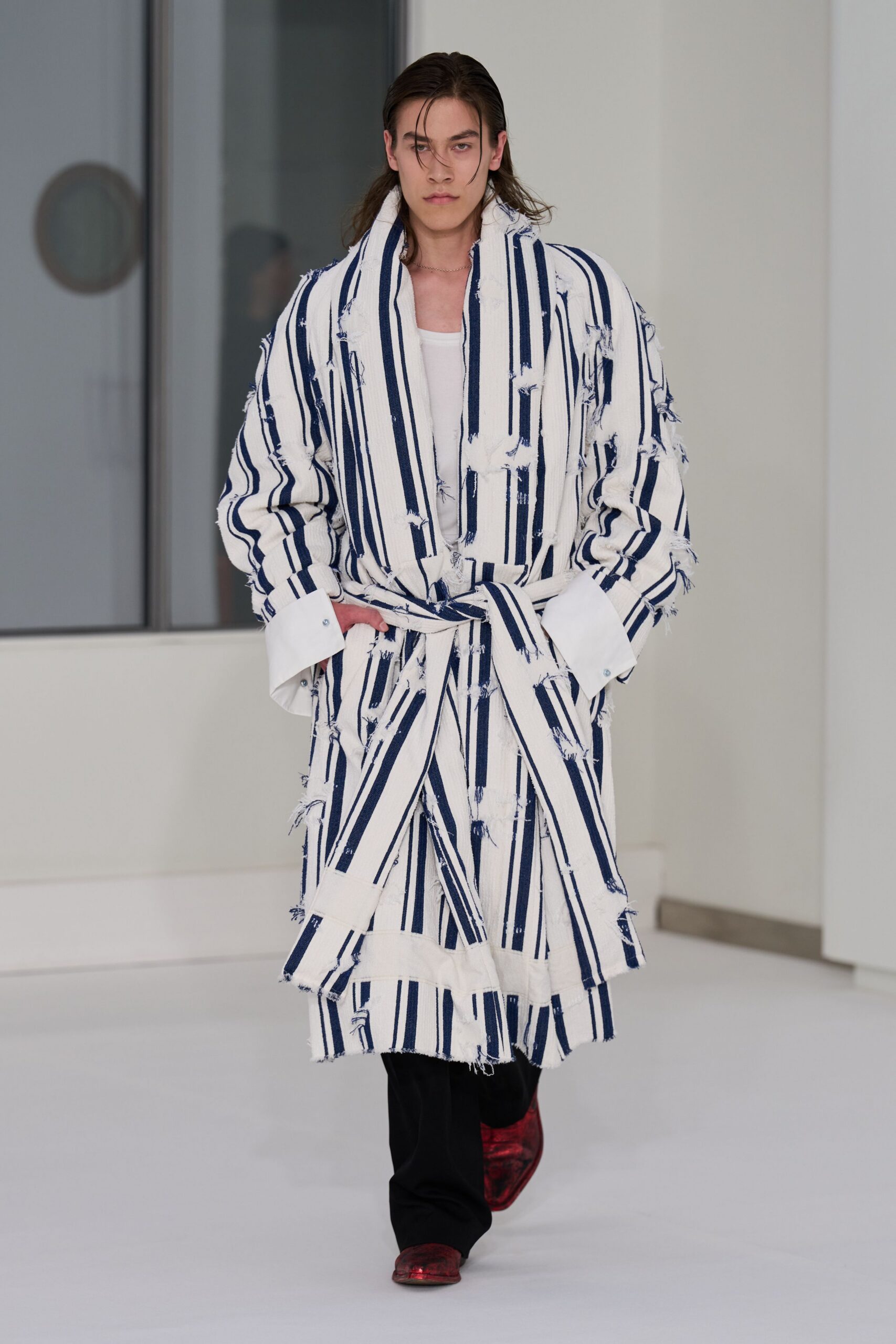 white cotton long-sleeve collared relaxed striped belted coat