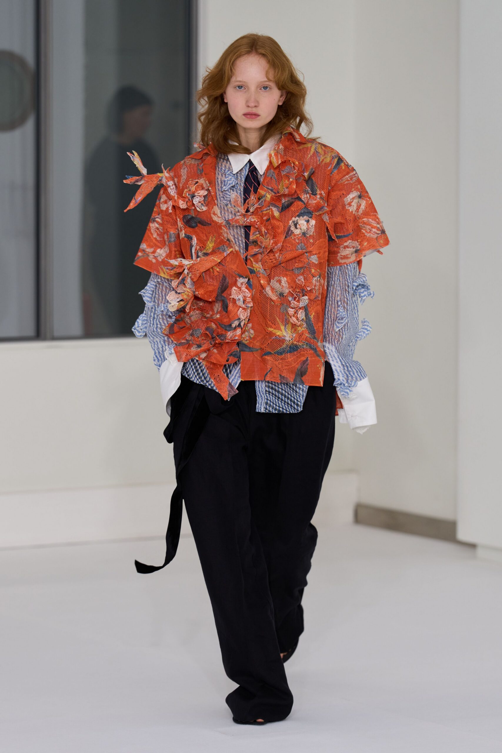 orange cotton long-sleeve collared relaxed floral layered top