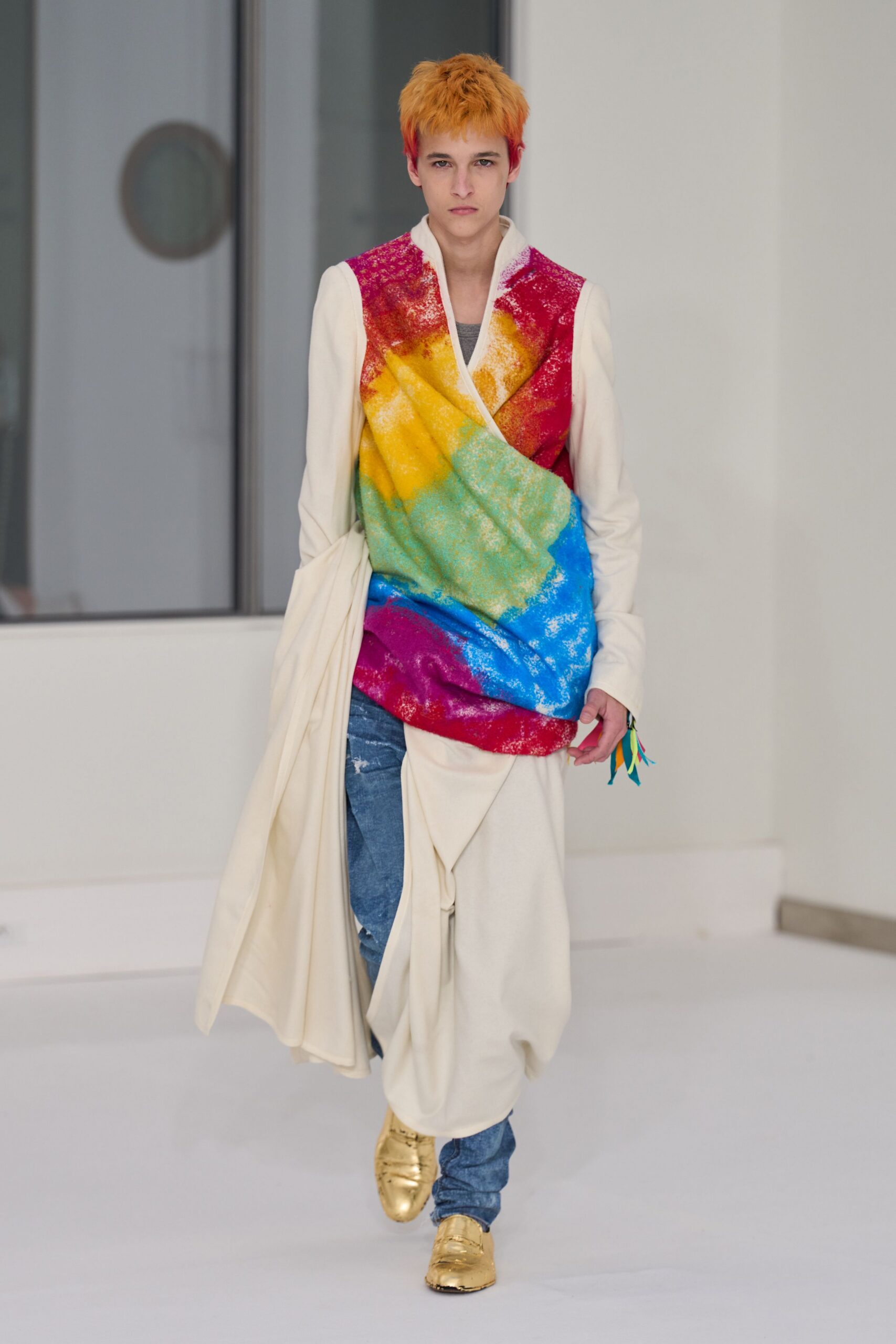 white silk long-sleeve collared relaxed color-blocked draped top
