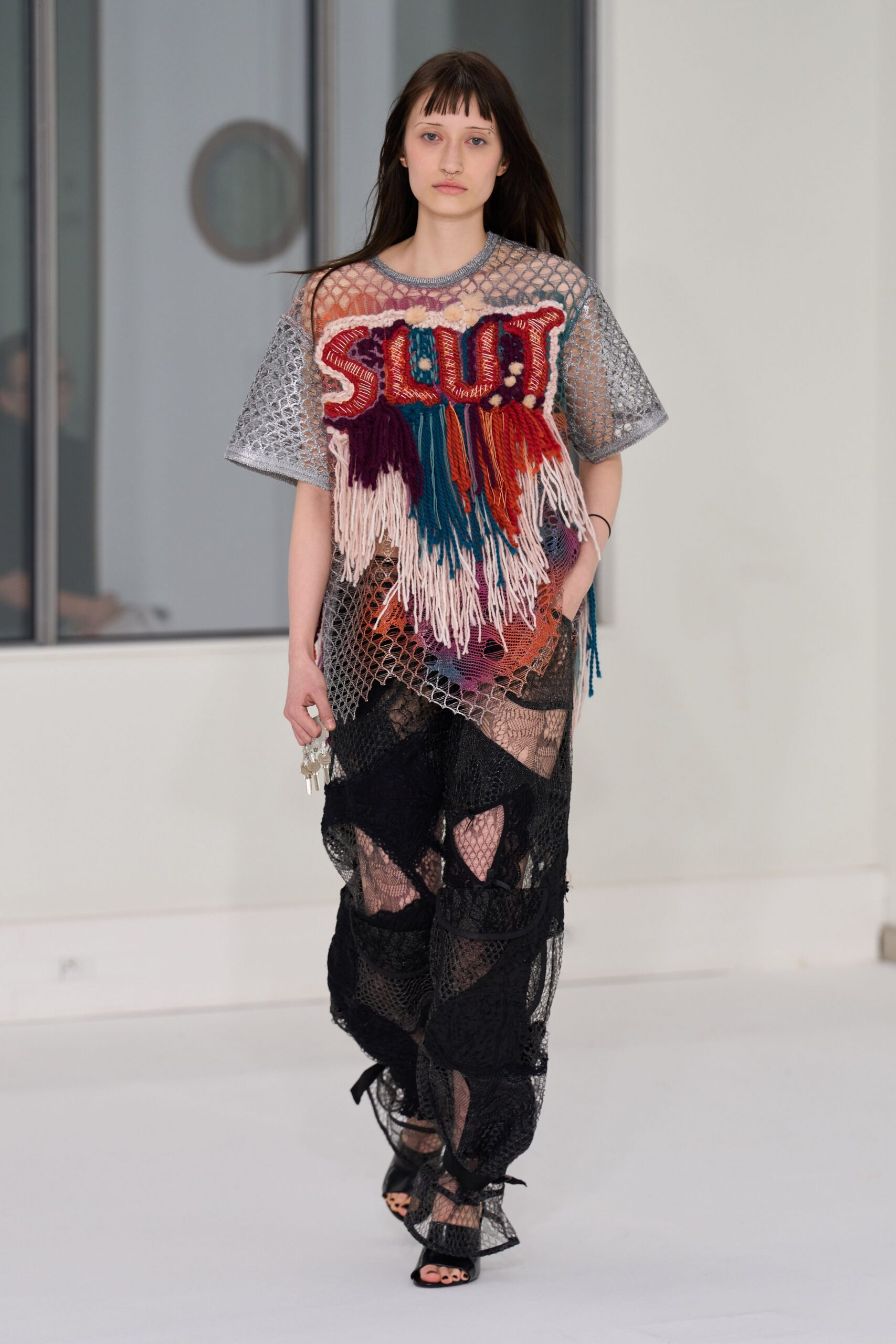 multi mesh short-sleeve collared relaxed fringed embroidered top