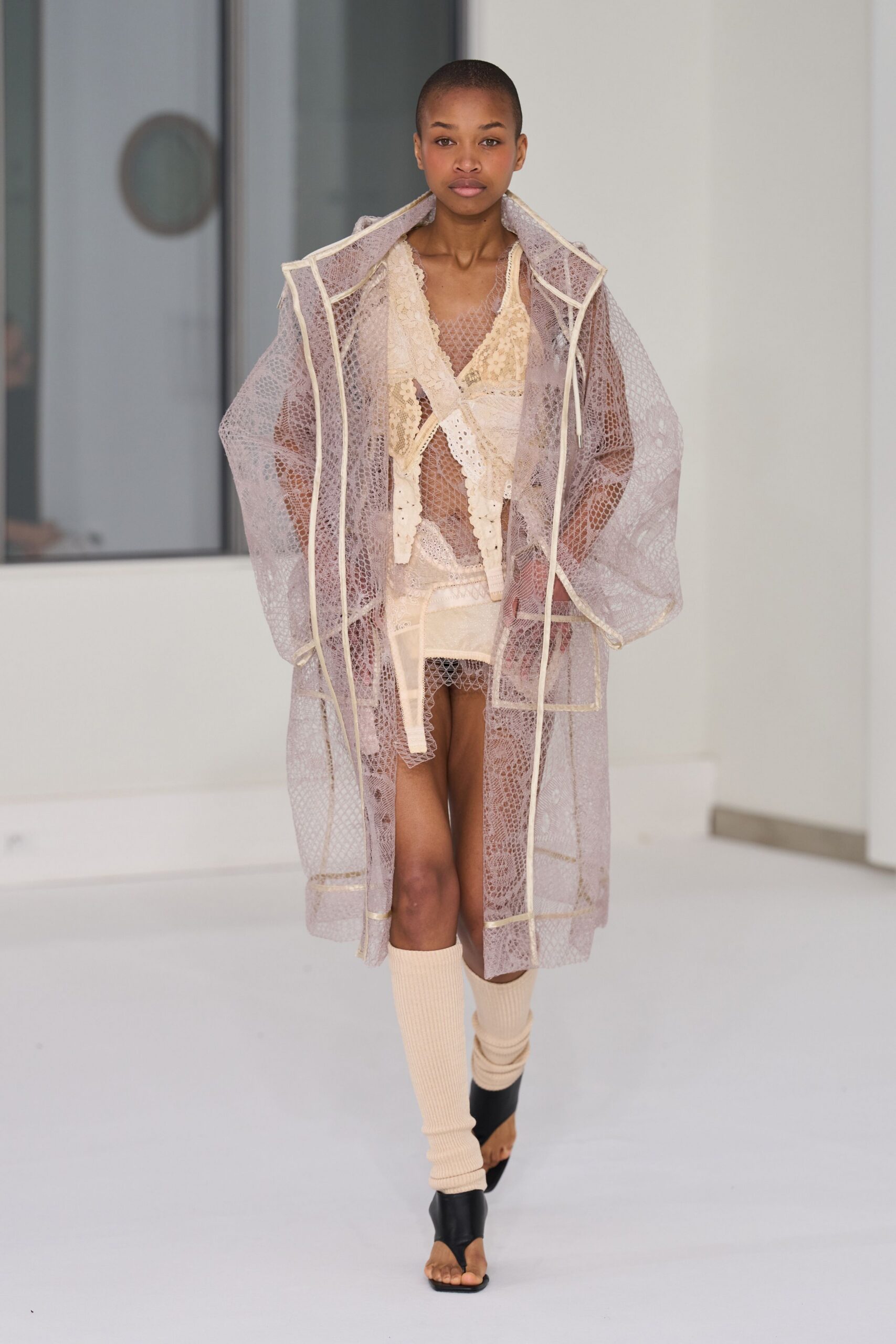 beige lace long-sleeve collared relaxed layered sheer coat