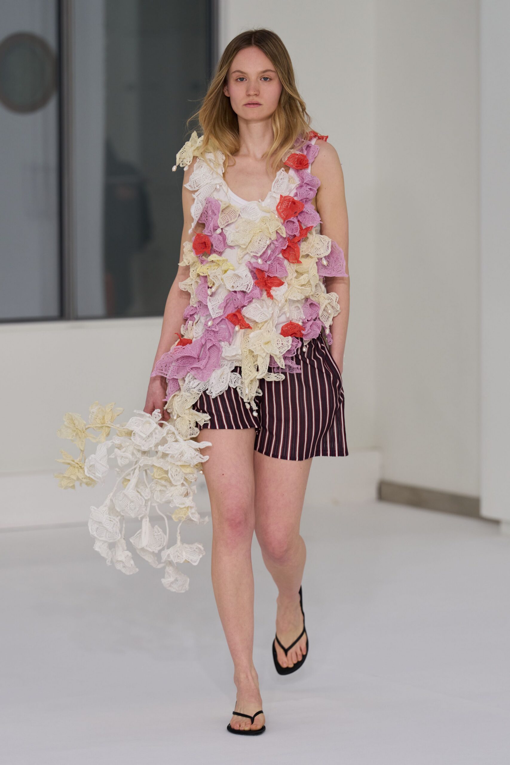 floral layered top with striped shorts