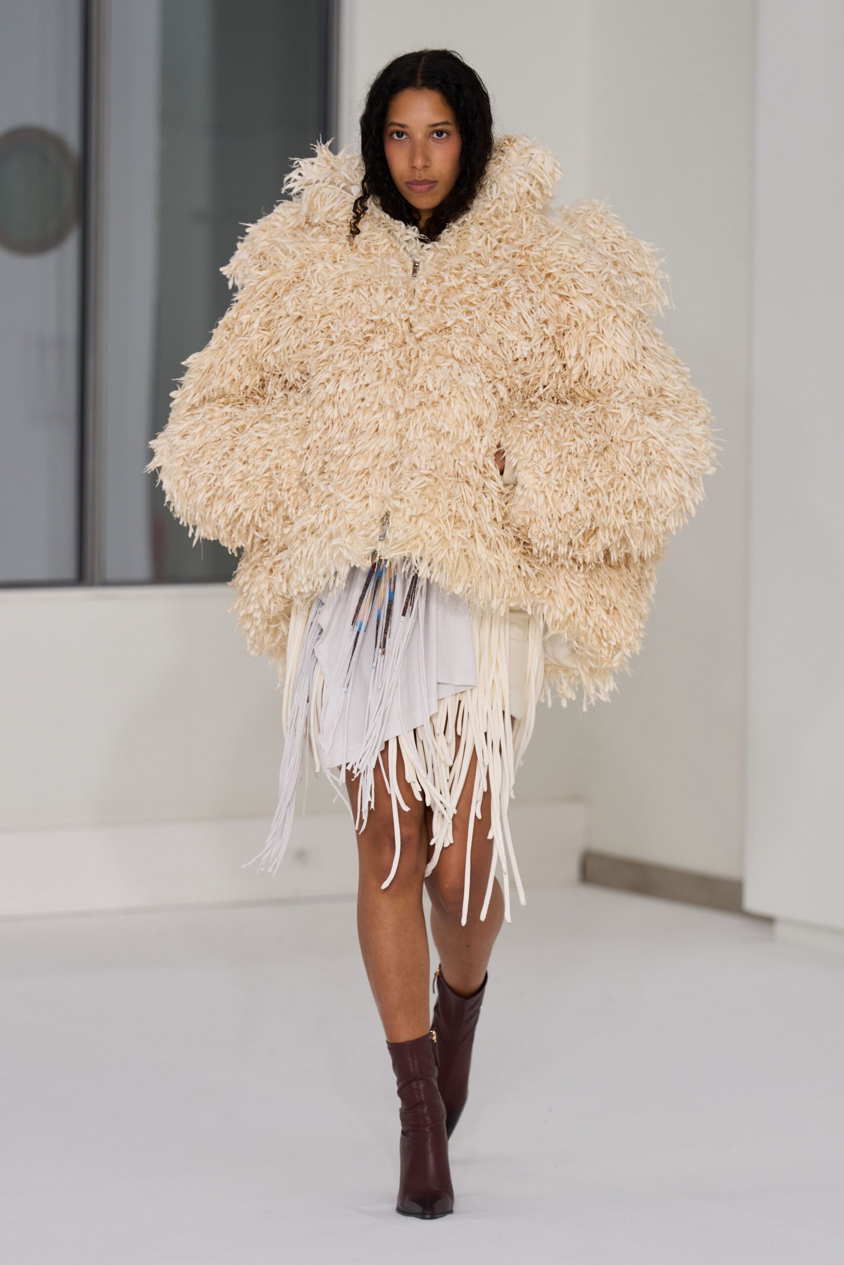 beige fur oversized fringed coat