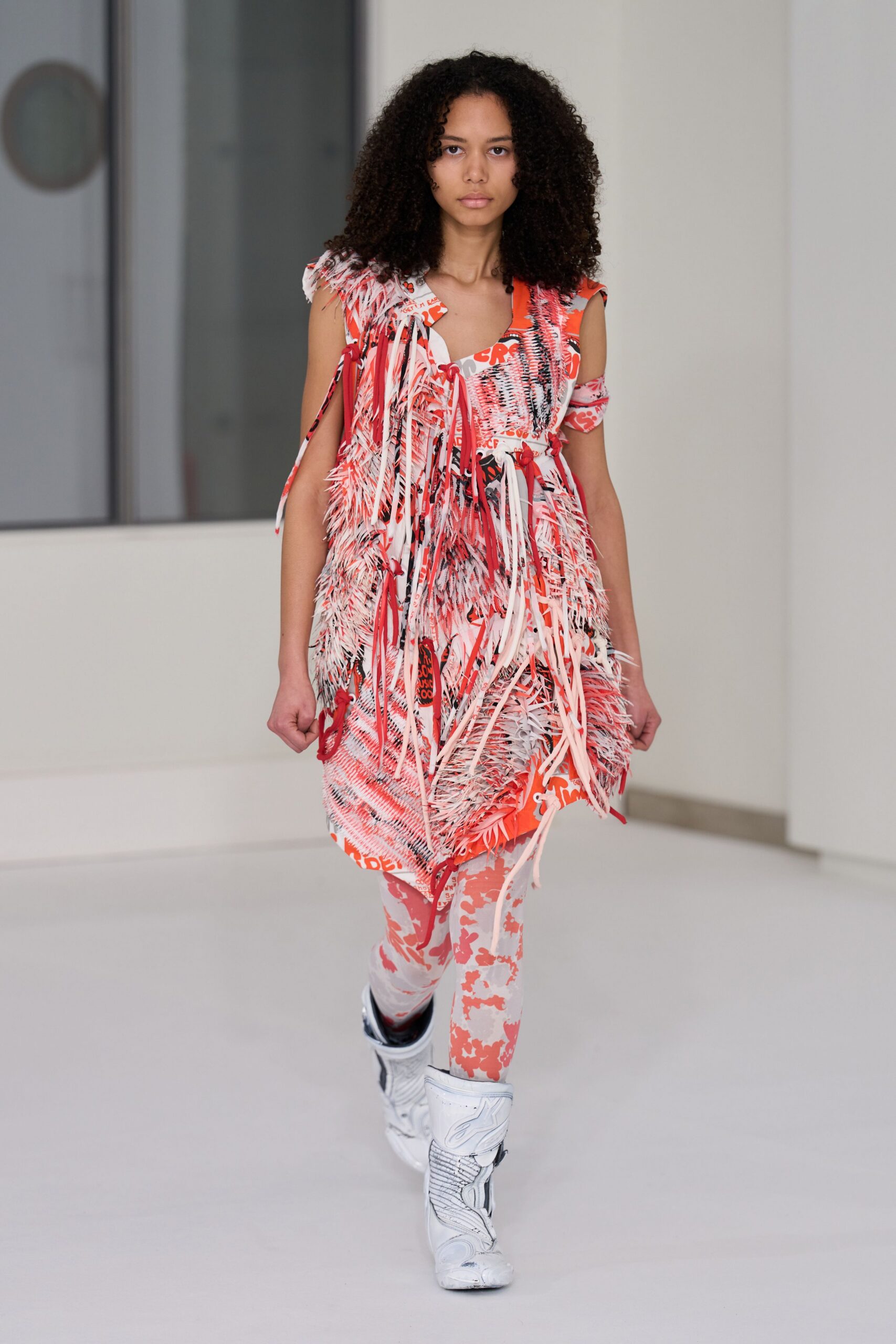 red cotton sleeveless relaxed fringed printed short dress