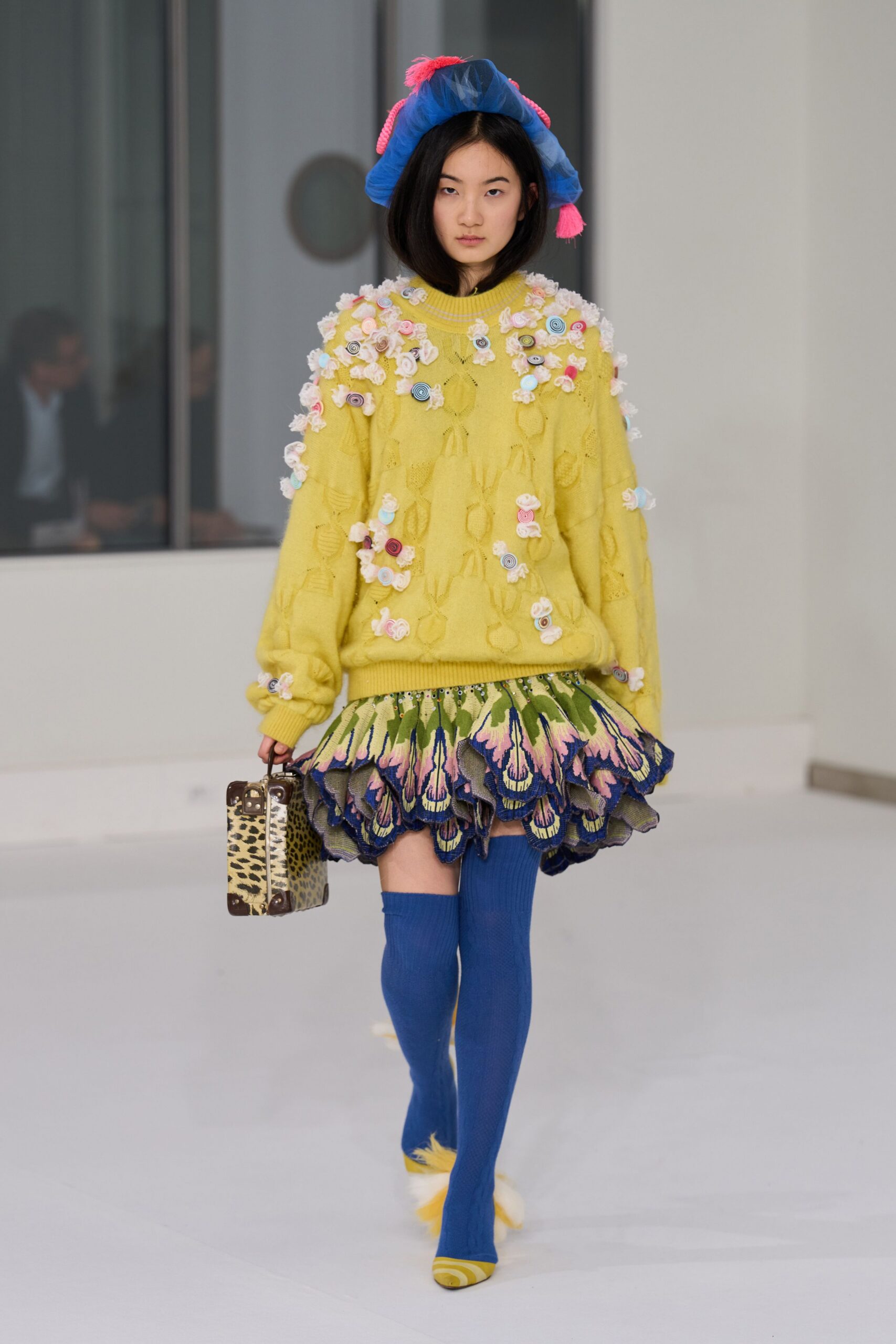 yellow cotton long-sleeve collared relaxed embroidered sweater