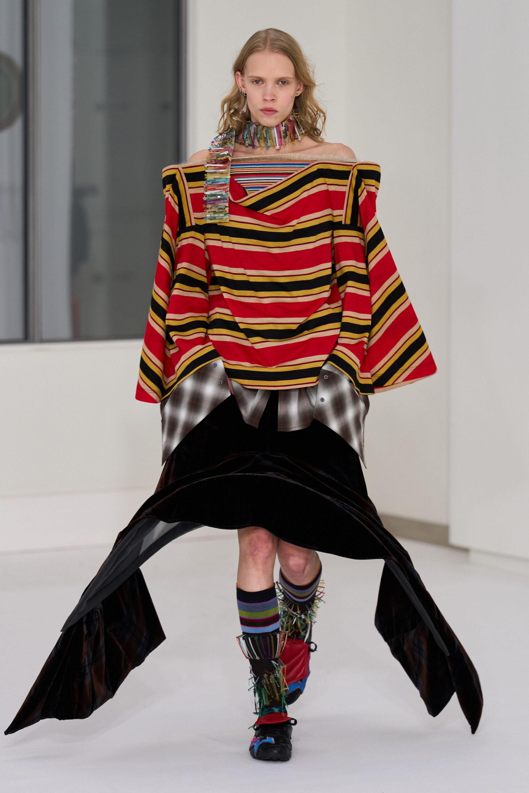 red cotton off-shoulder long-sleeve relaxed striped top
