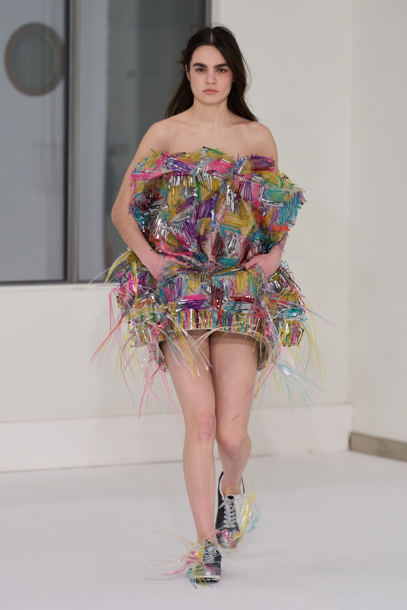 multi silk strapless fitted fringed mini dress