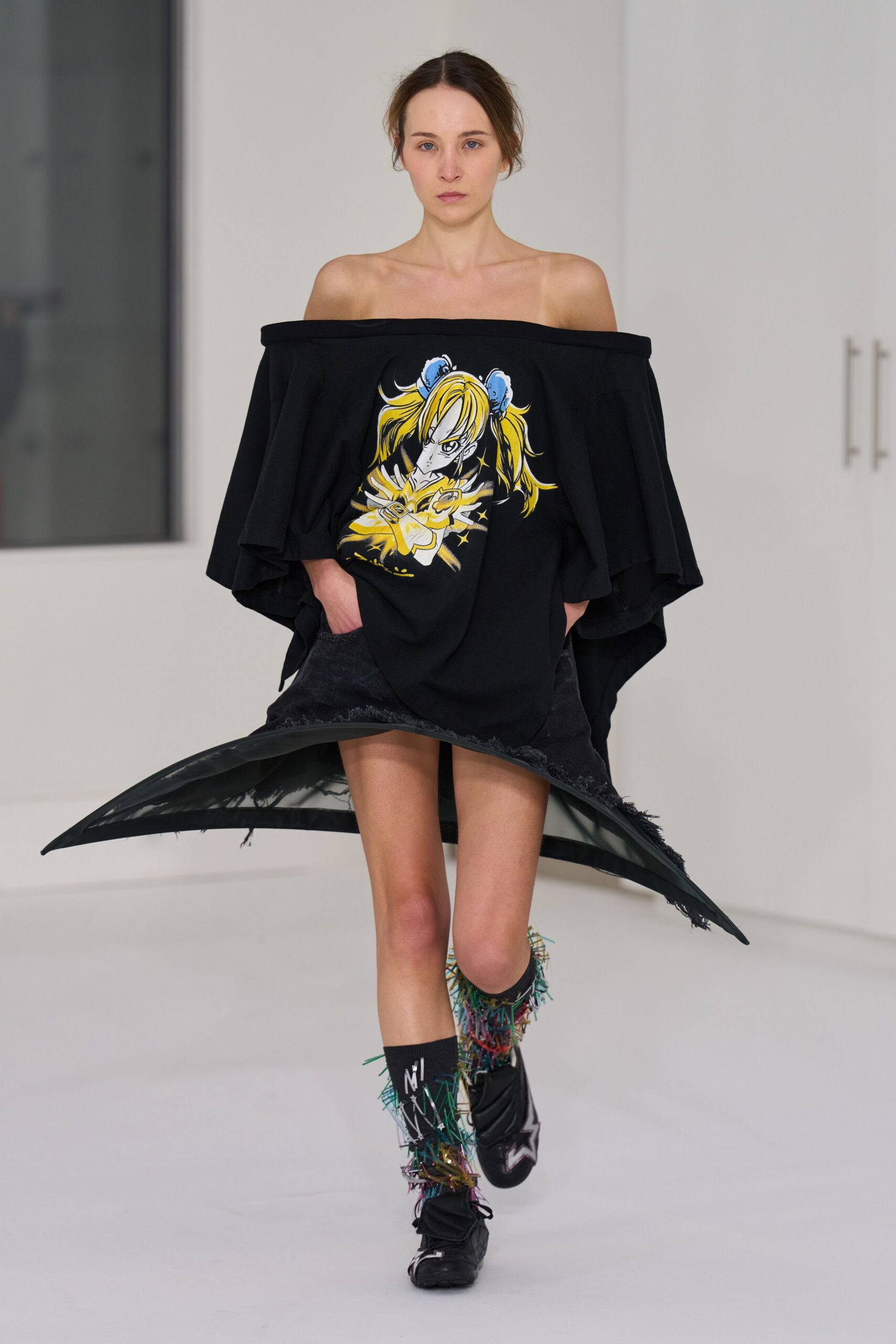 black cotton off-shoulder asymmetric relaxed embroidered mini dress
