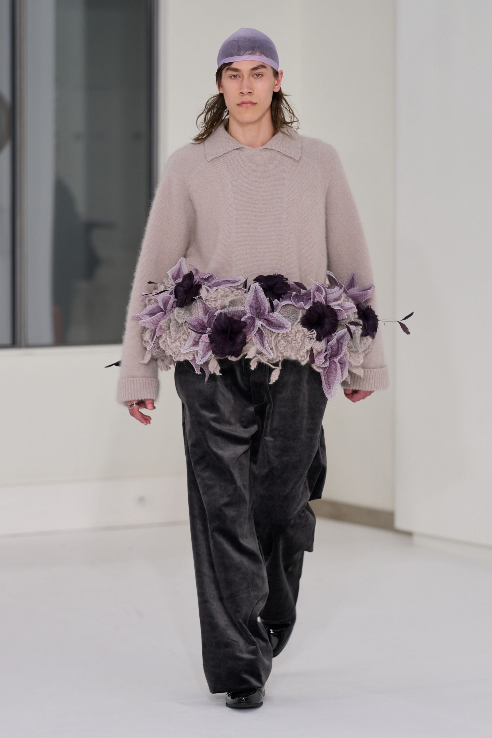 gray wool long-sleeve collared relaxed layered embellished sweater