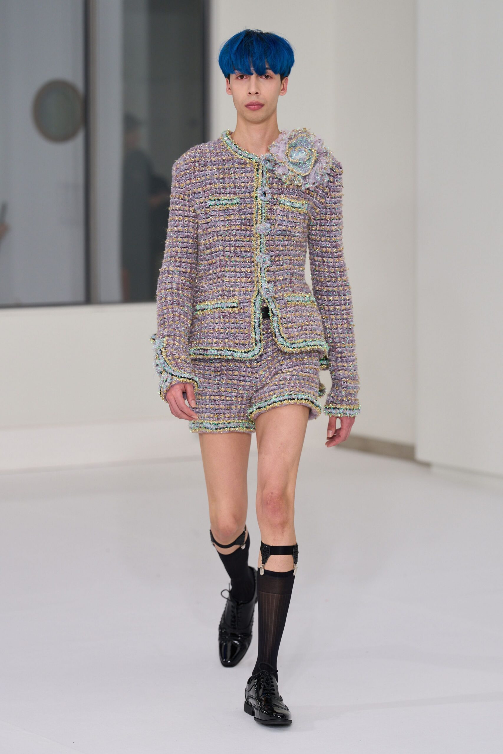 purple tweed long-sleeve collared fitted buttoned layered jacket