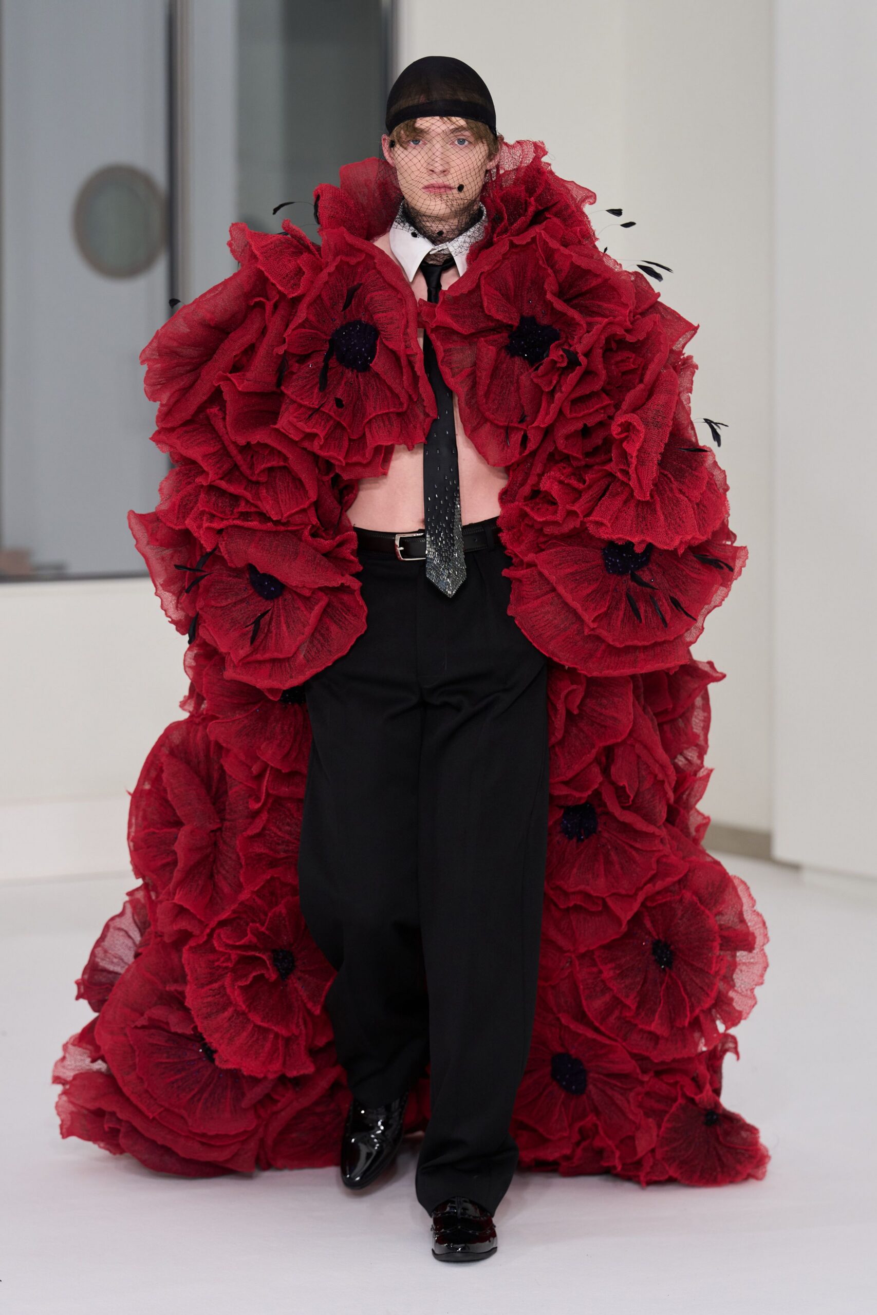 red tulle relaxed floral layered cape