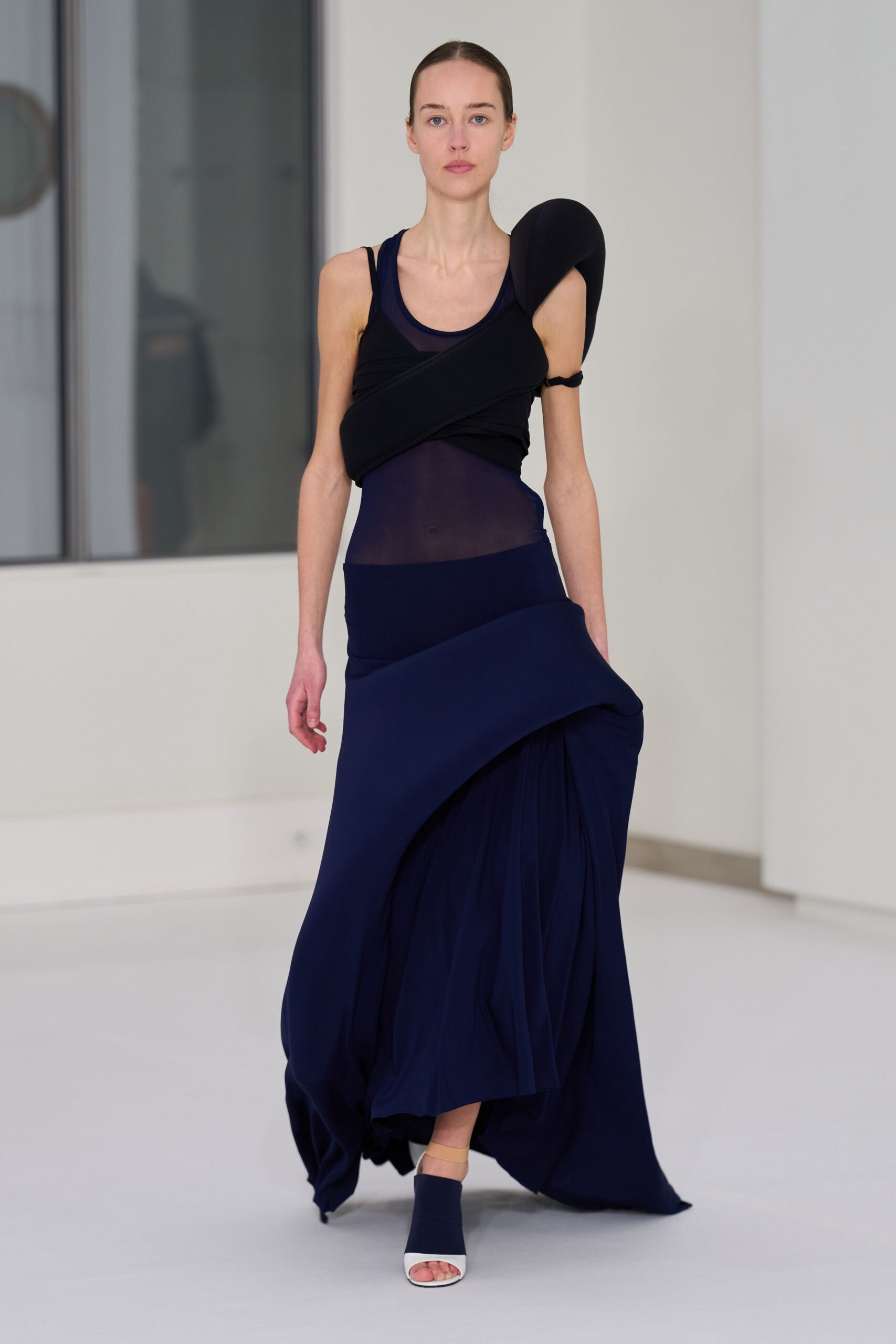 blue silk sleeveless v-neck fitted draped flowing dress
