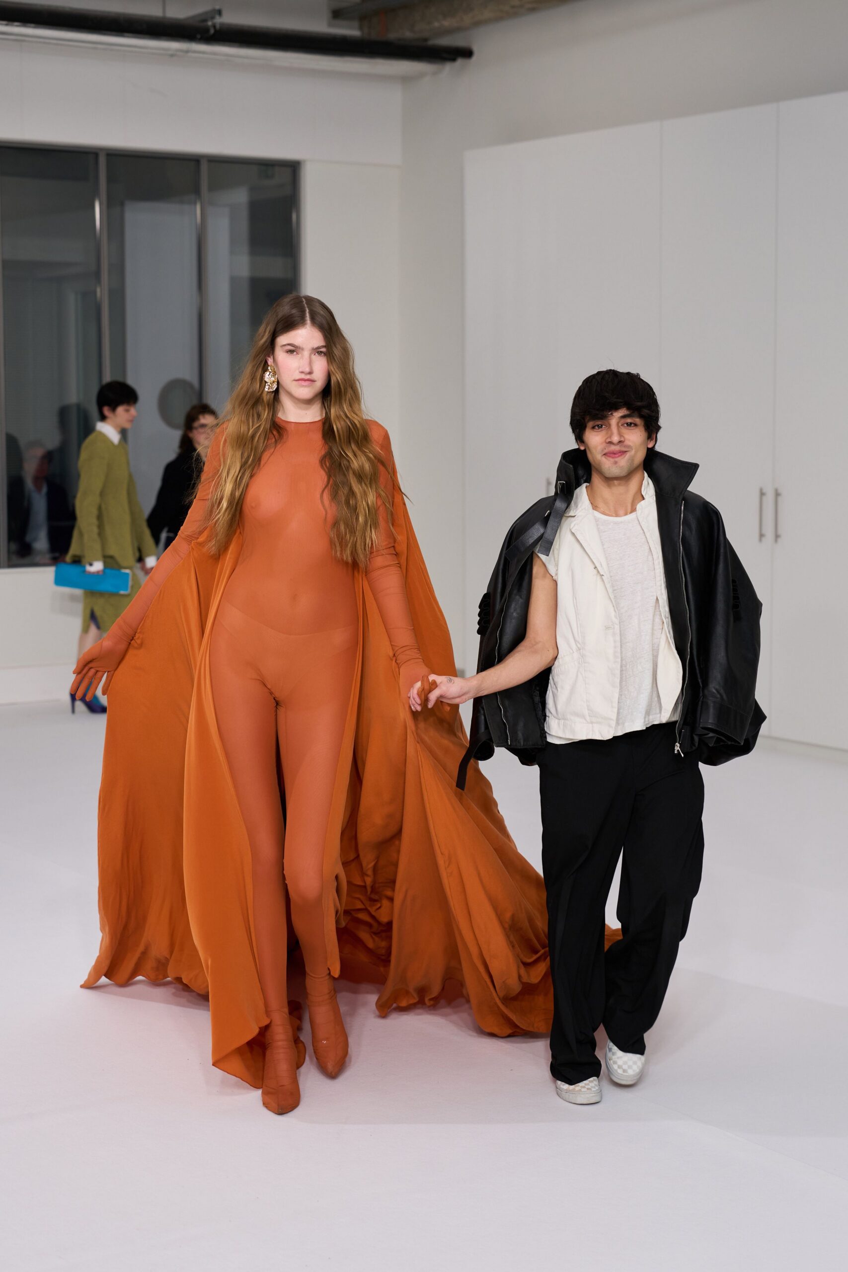 orange silk long-sleeve oversized layered flowing coat