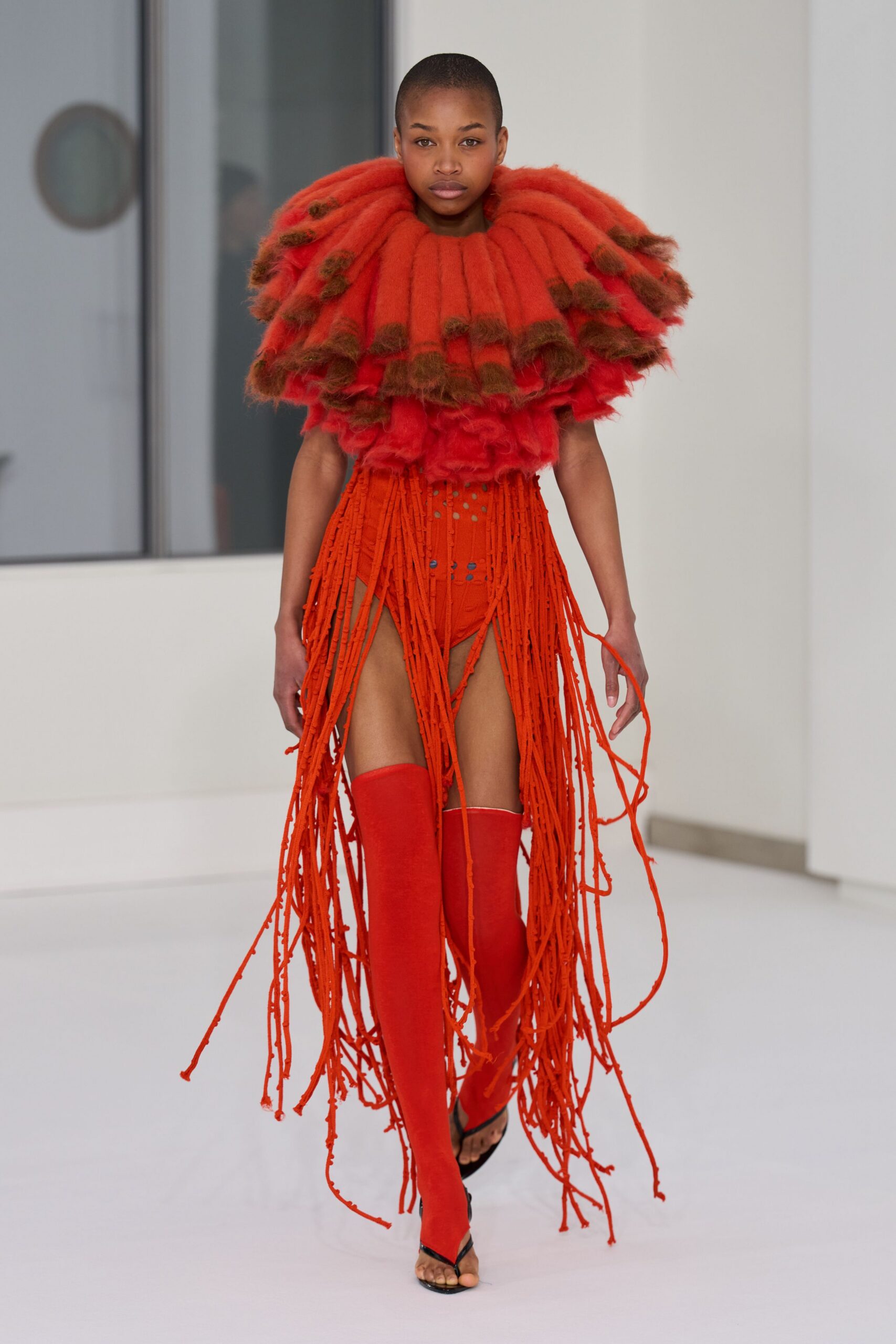 red wool sleeveless high-neck fitted fringed mini dress