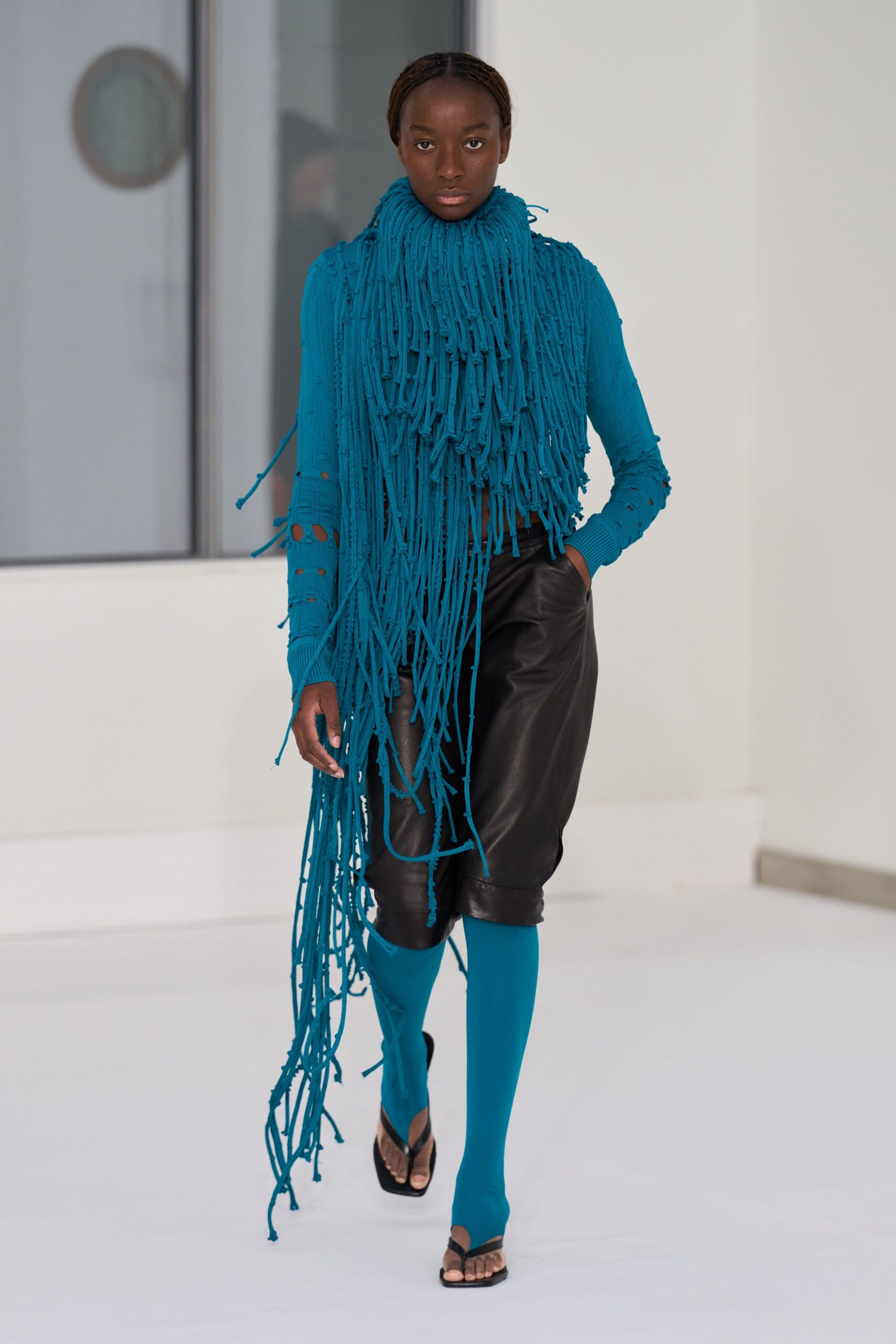 teal cotton long-sleeve fitted fringed top
