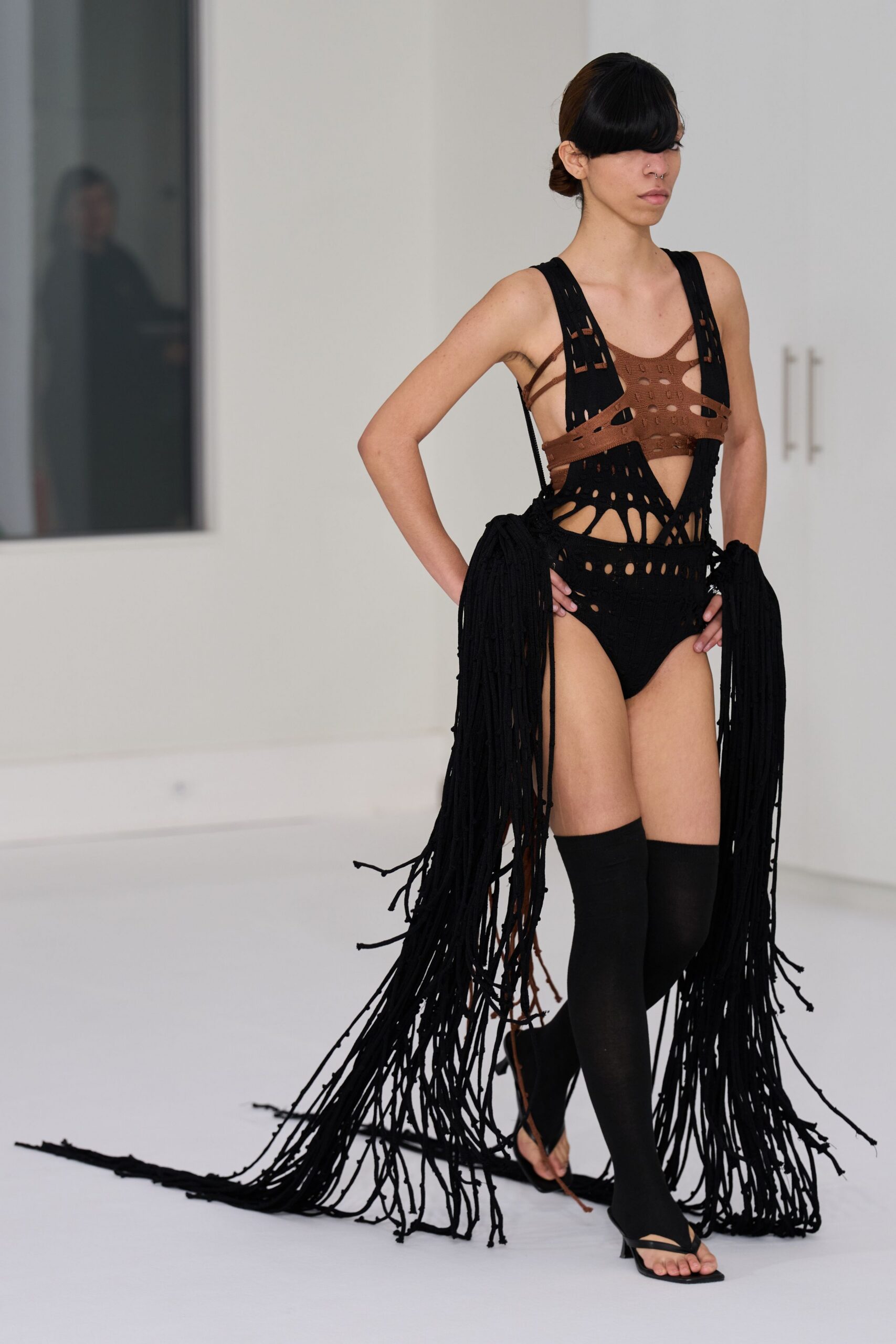black cotton sleeveless cutout fitted fringed bikini