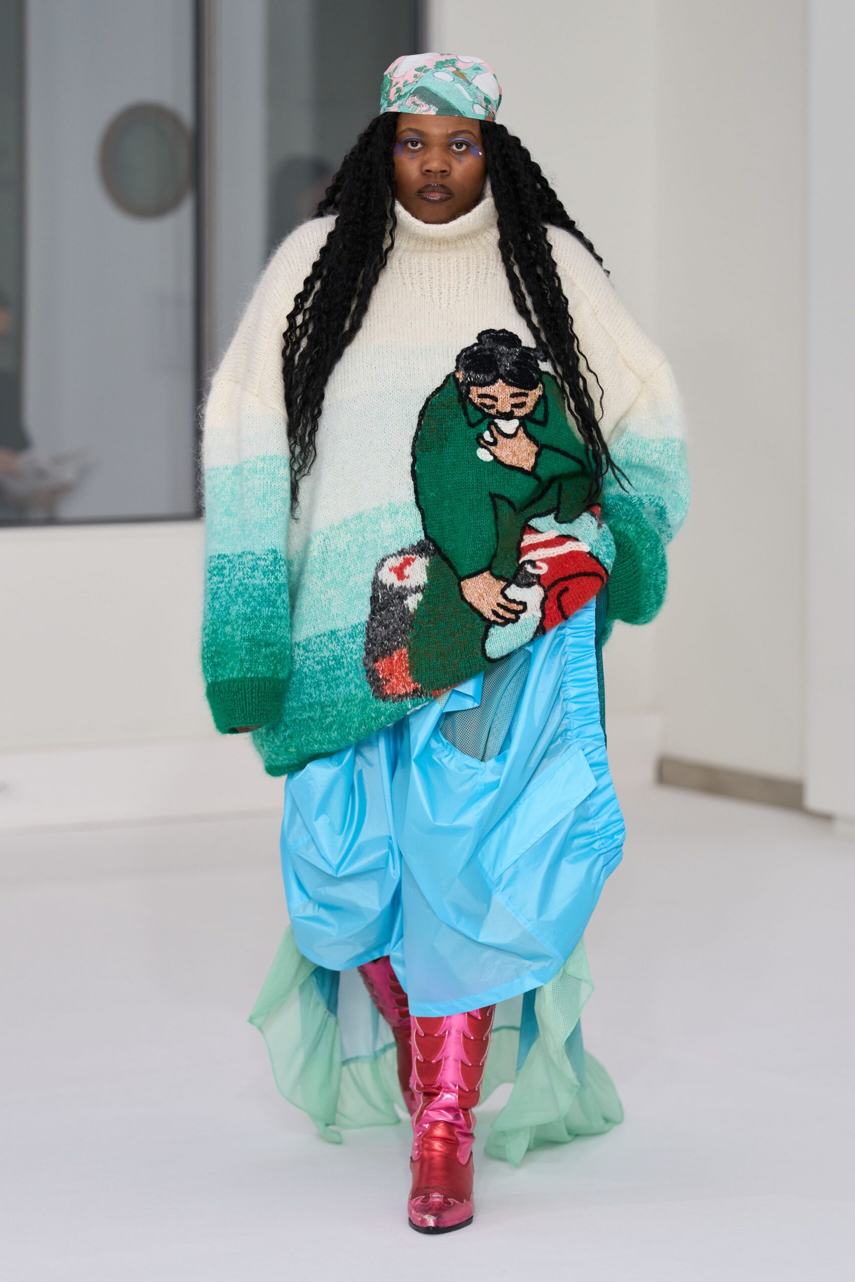green wool long-sleeve turtleneck oversized embroidered sweater