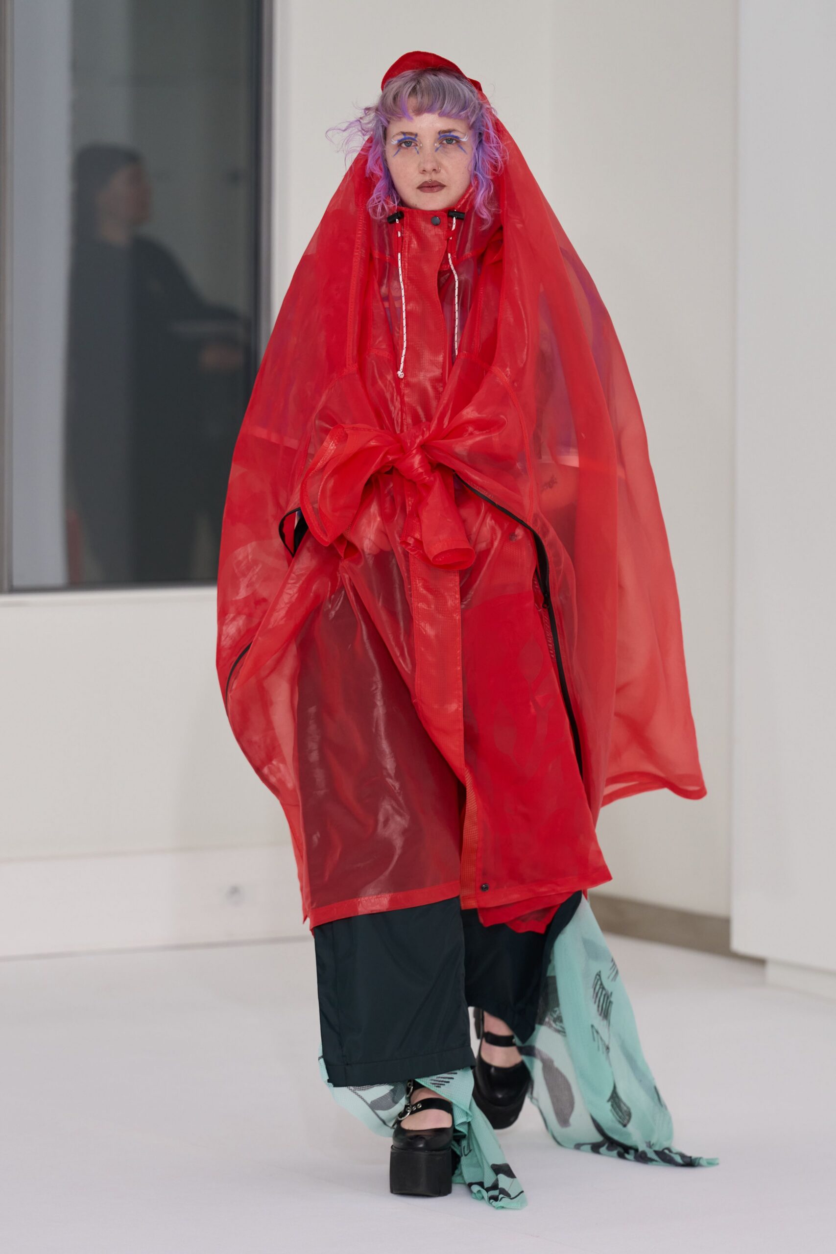 red vinyl long-sleeve hooded relaxed zippered shiny coat