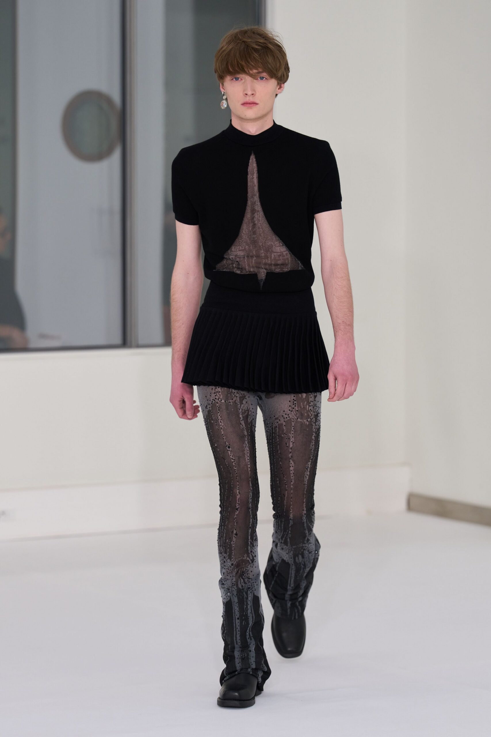 black mesh slim textured sheer pants