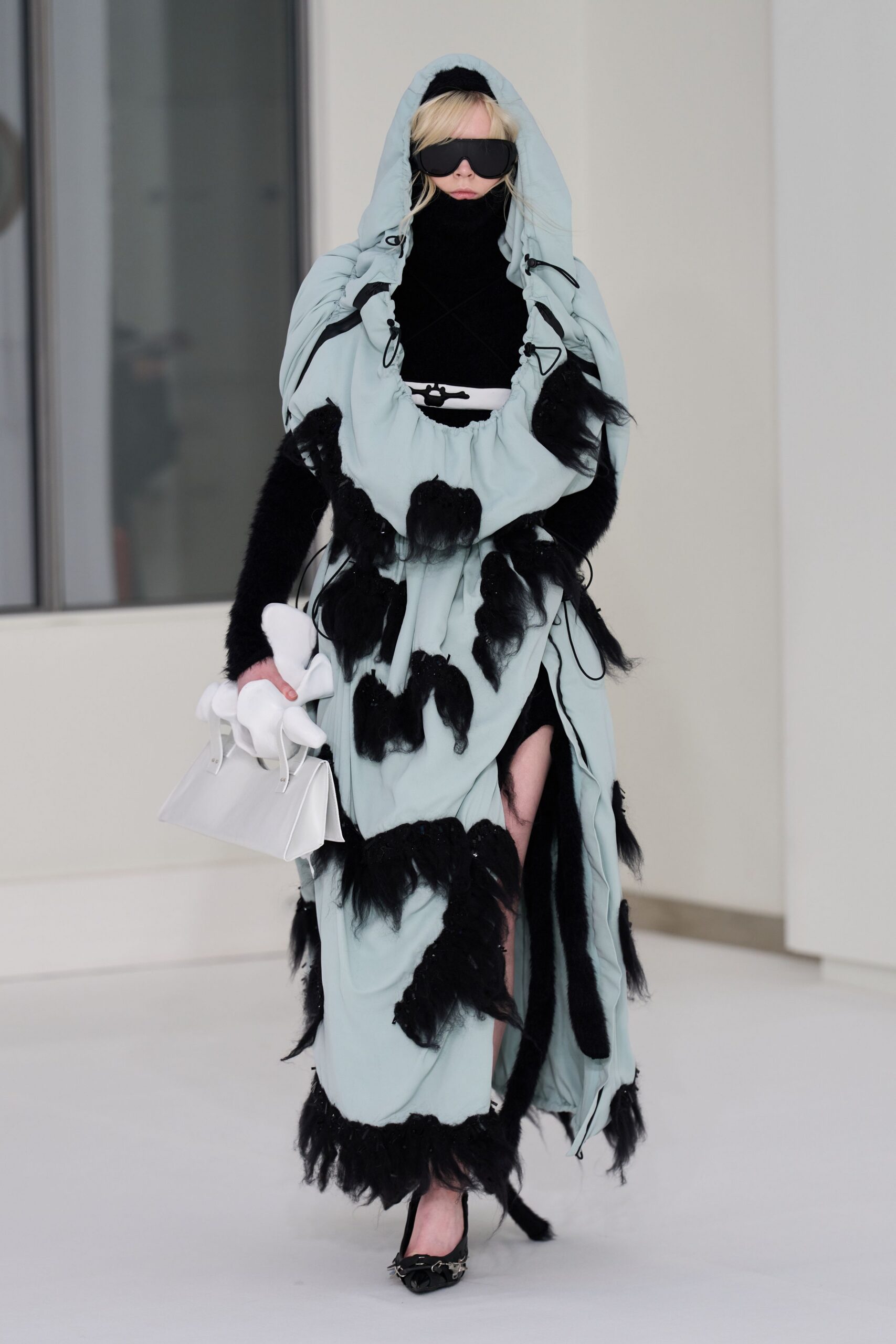 blue cotton long-sleeve hooded relaxed ruffled layered dress