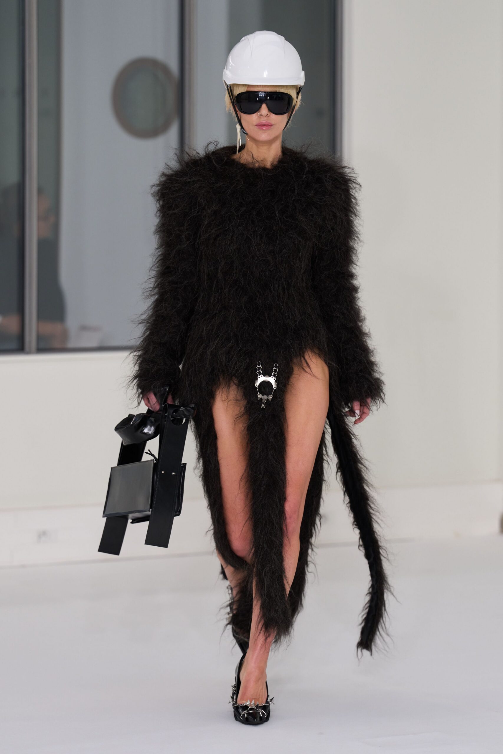 black fur long-sleeve fitted draped mini dress