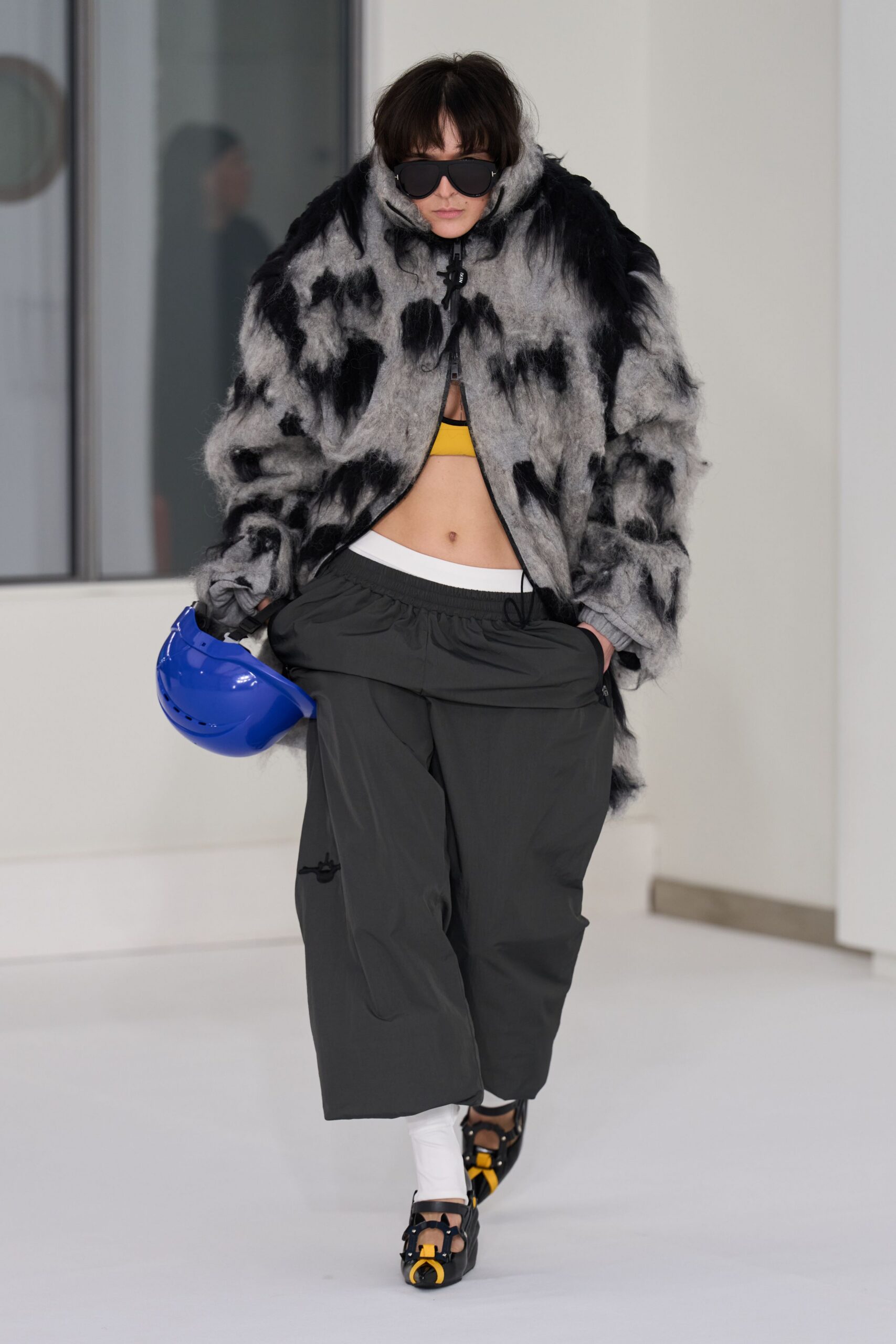 gray fur long-sleeve relaxed draped coat