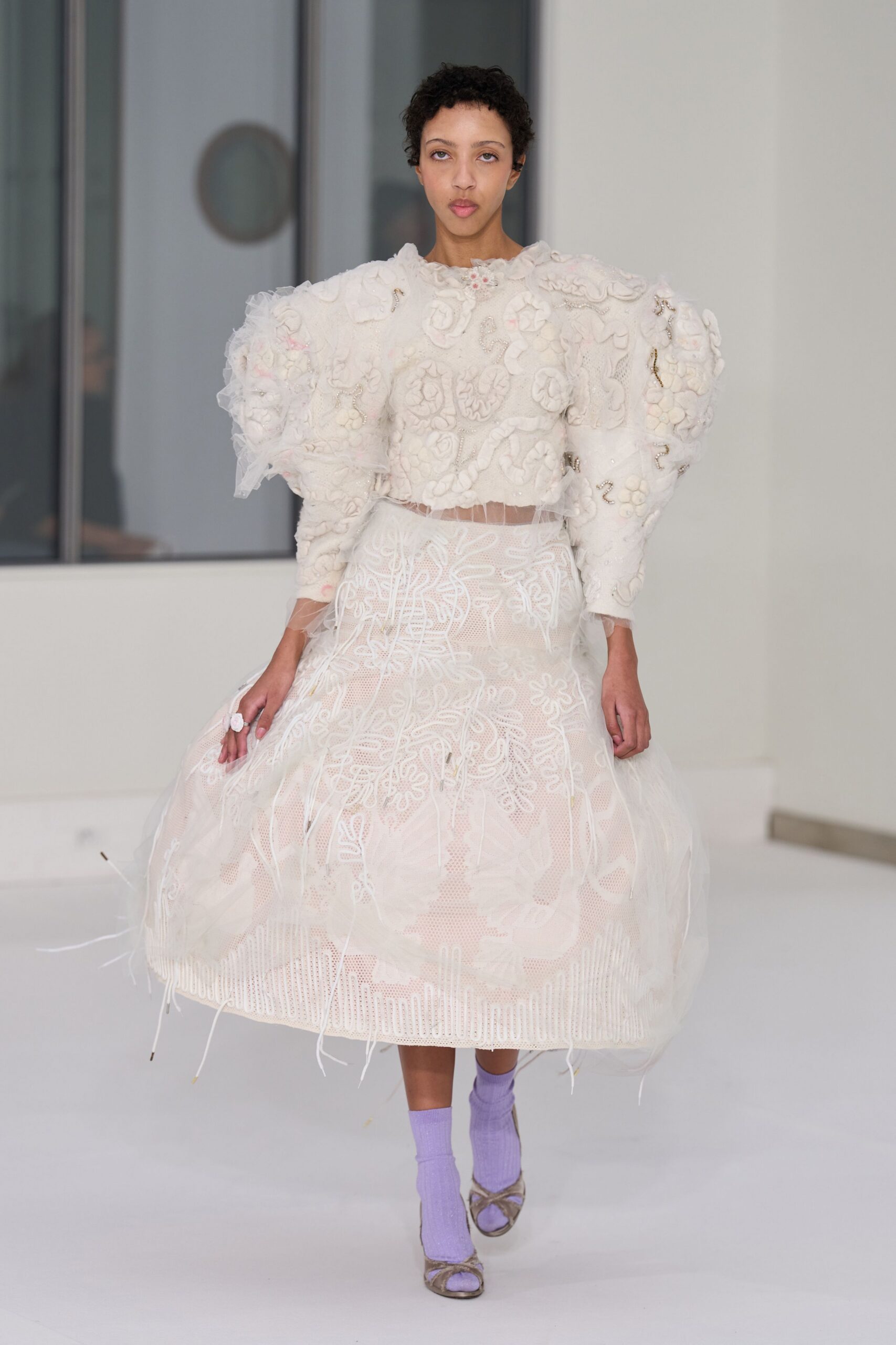 white silk long-sleeve collared fitted embroidered layered top