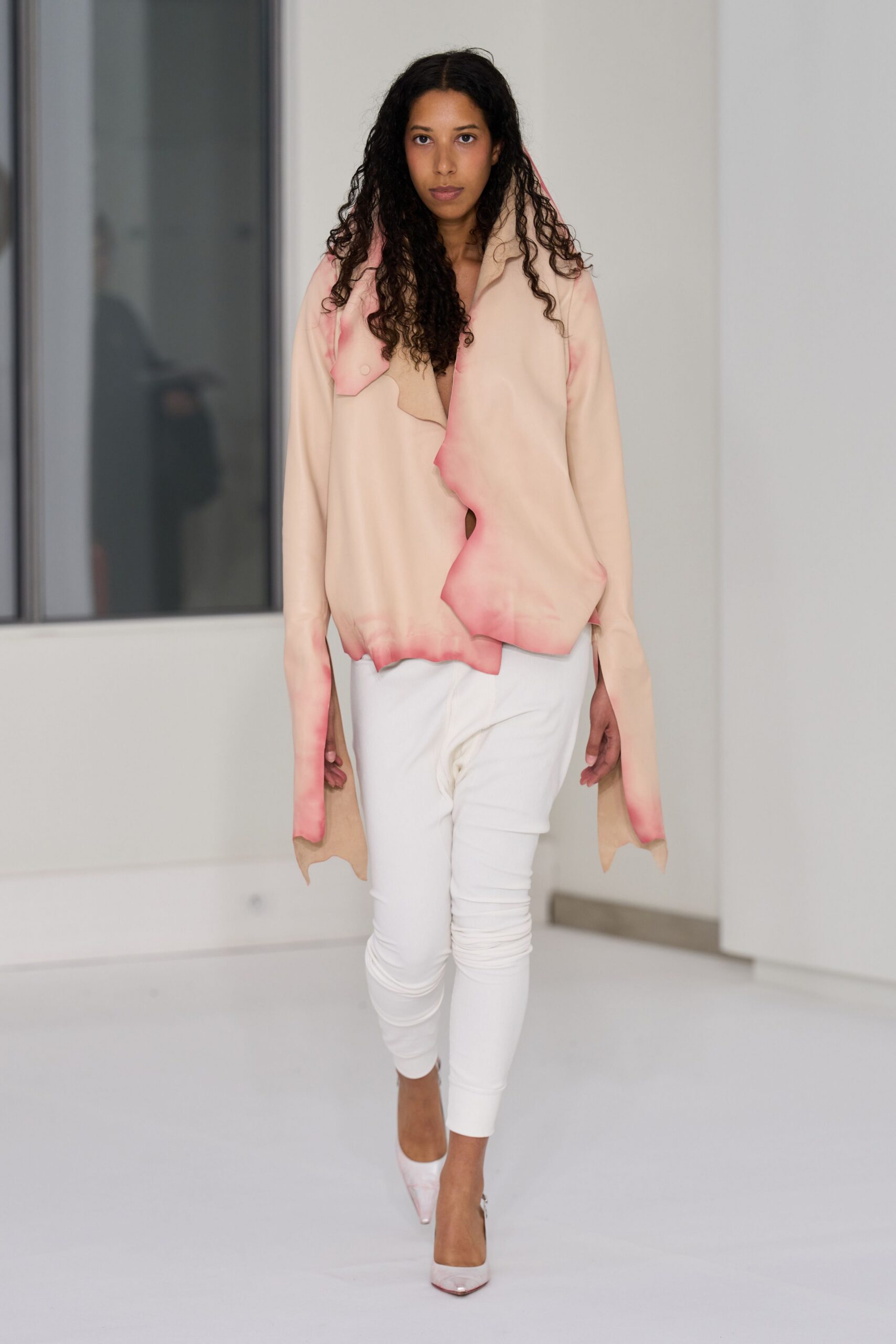 pink cotton long-sleeve collared relaxed draped jacket