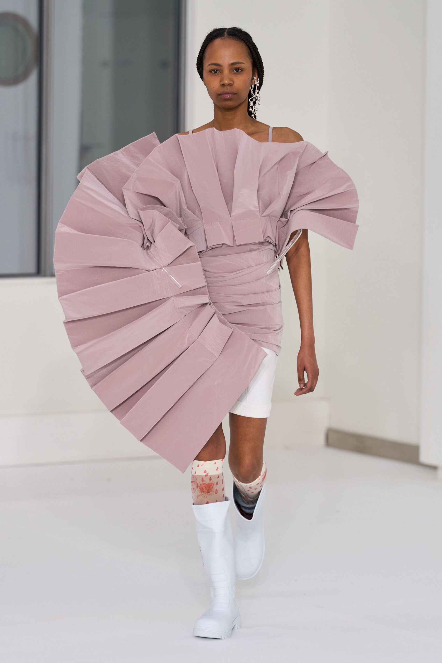 pink cotton sleeveless off-shoulder fitted pleated mini dress