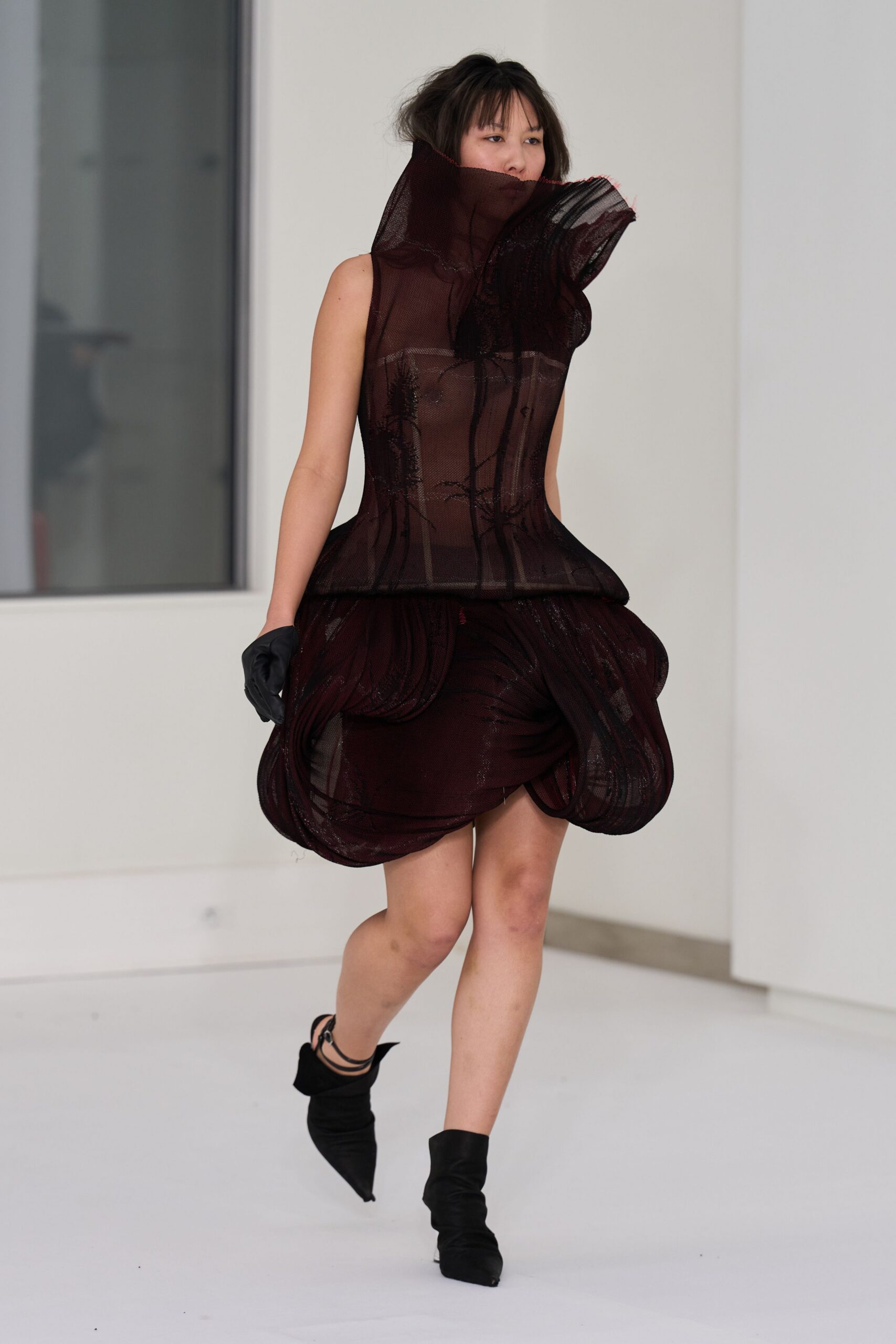 black silk sleeveless high-neck fitted draped pleated dress