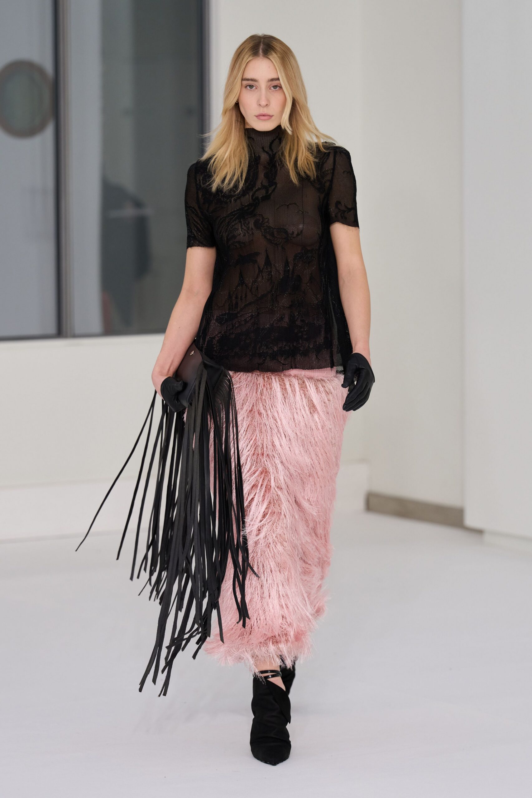 black lace short-sleeve high-neck fitted sheer top