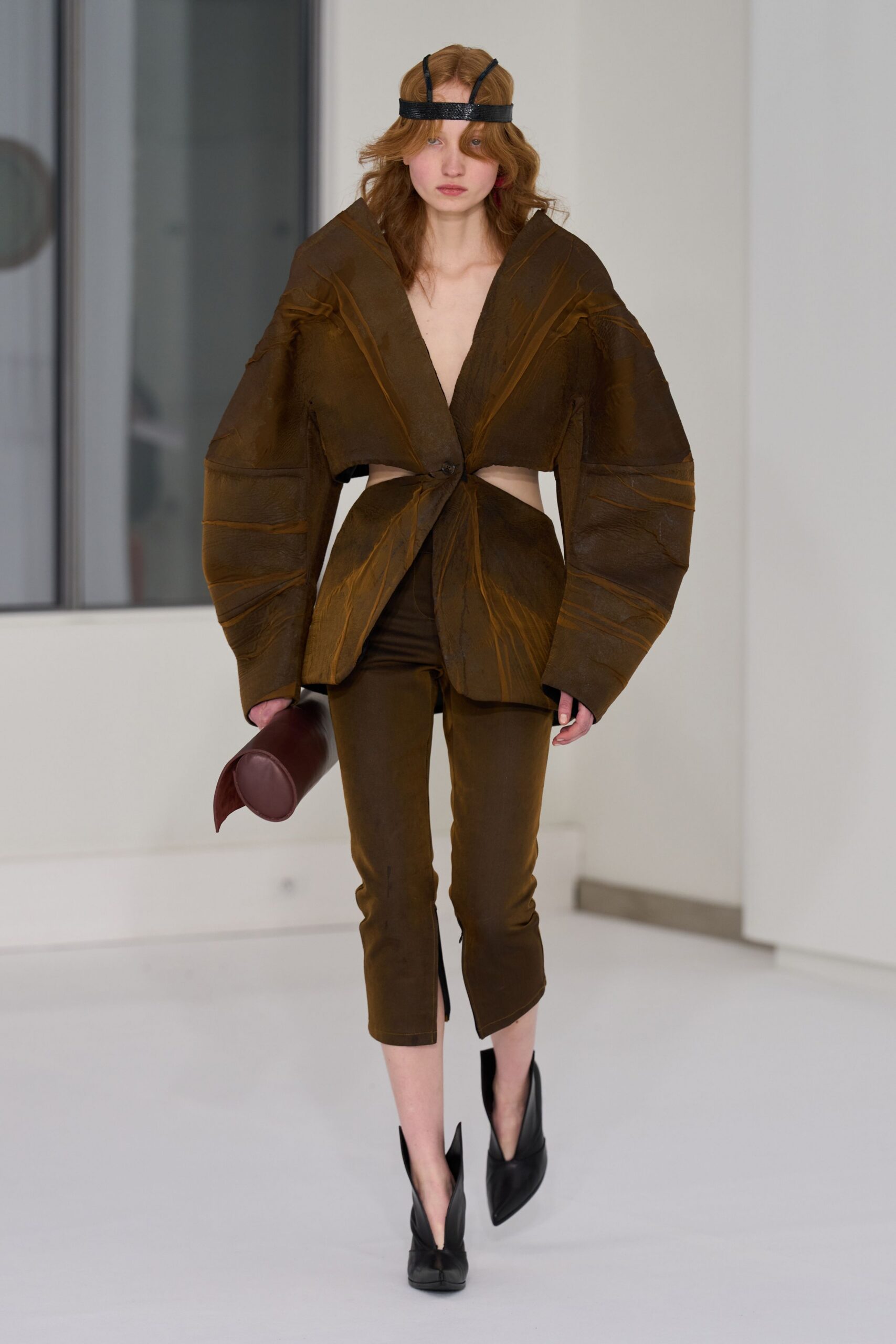 brown silk long-sleeve collared structured pleated blazer