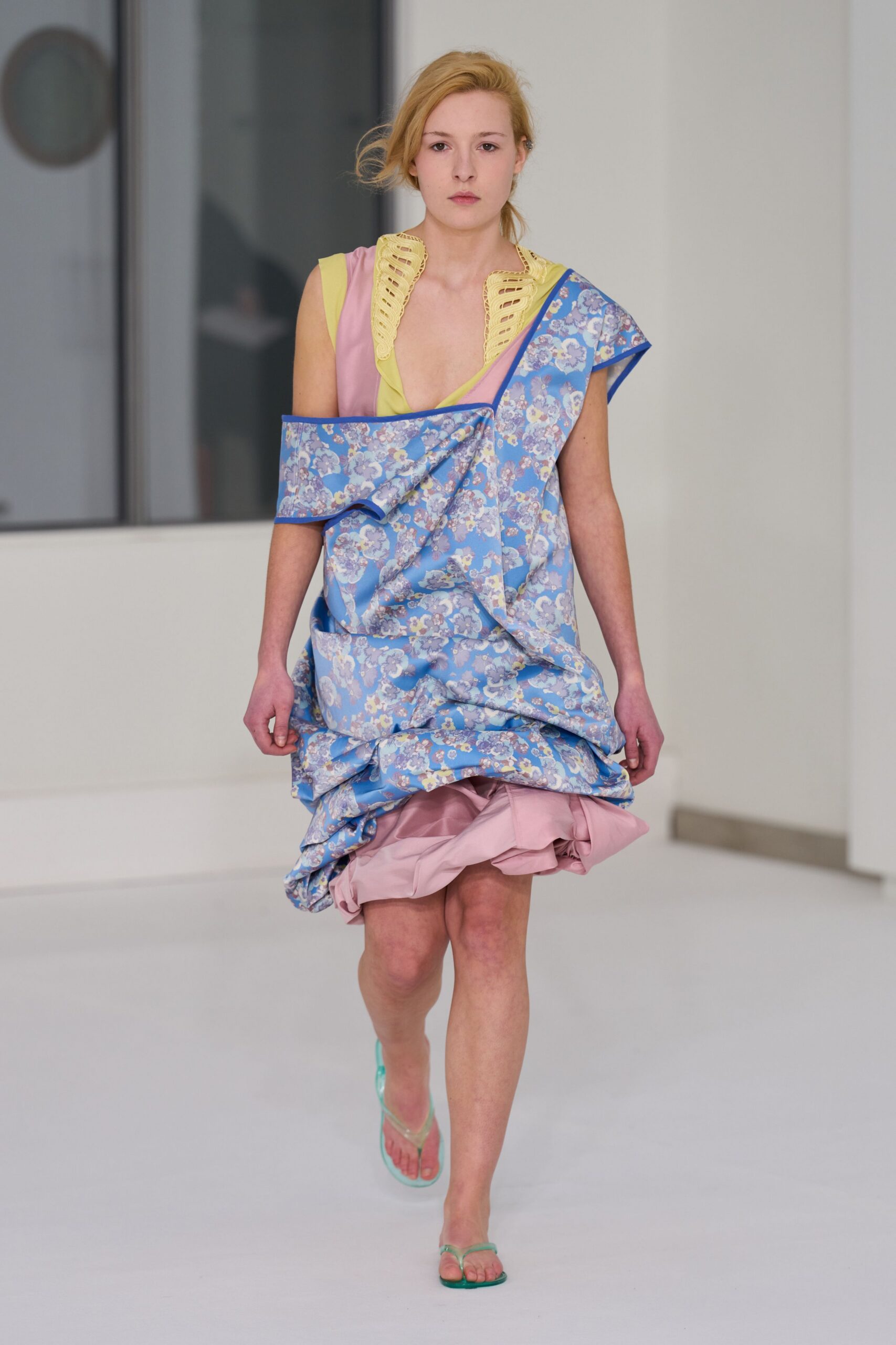 blue cotton sleeveless v-neck relaxed floral draped dress