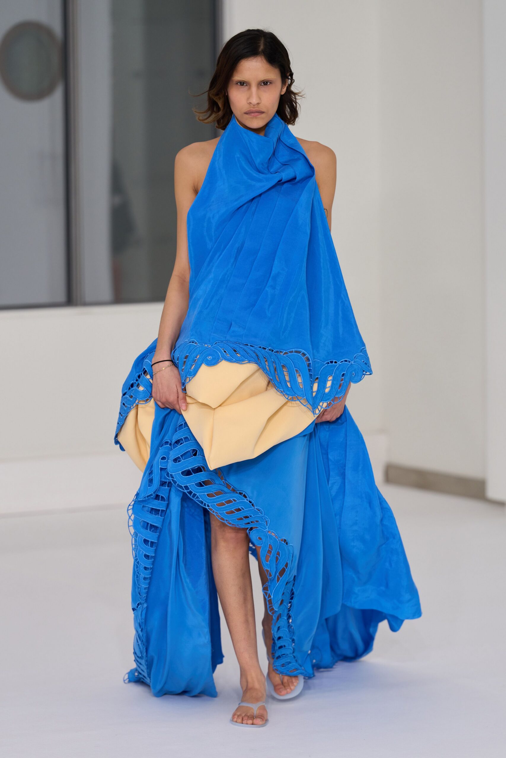 blue silk sleeveless gown