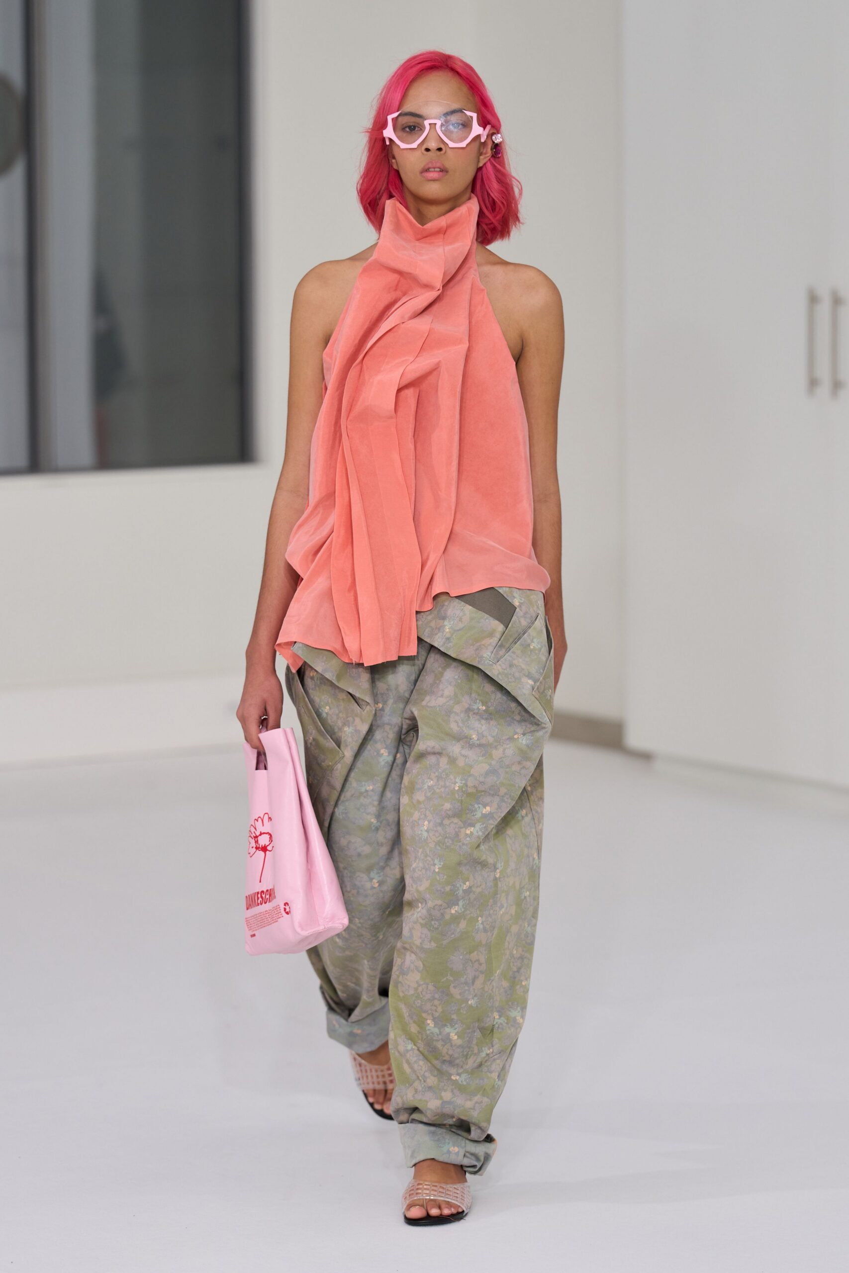 pink chiffon sleeveless high-neck relaxed pleated flowing top