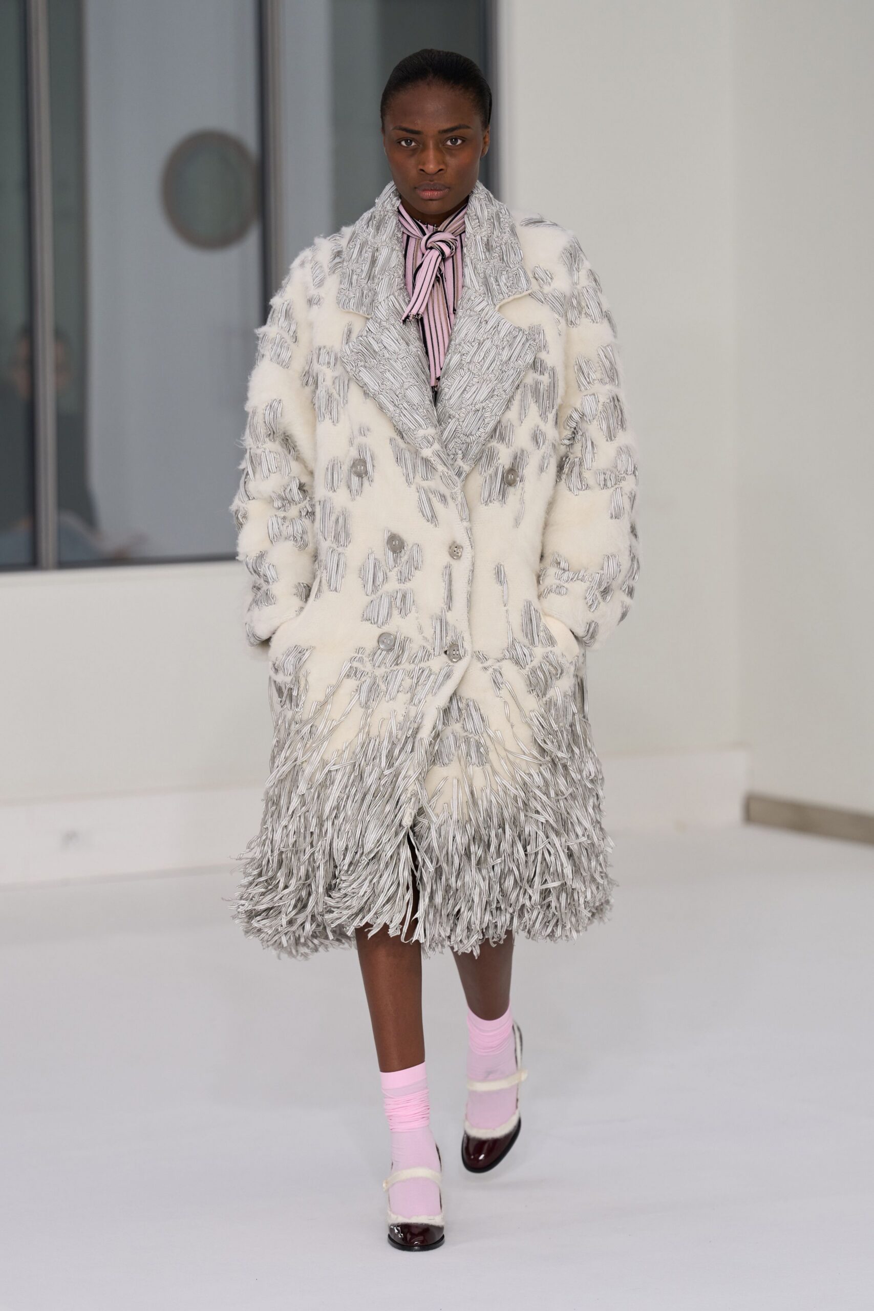white fur long-sleeve collared relaxed fringed midi coat