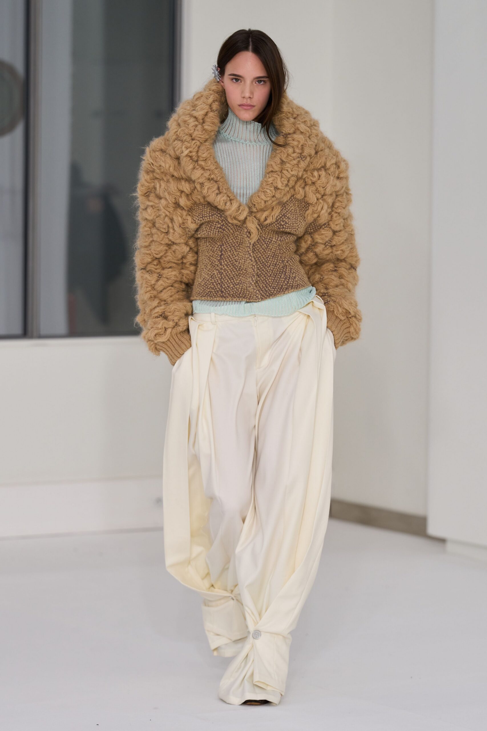 brown wool long-sleeve oversized textured cardigan