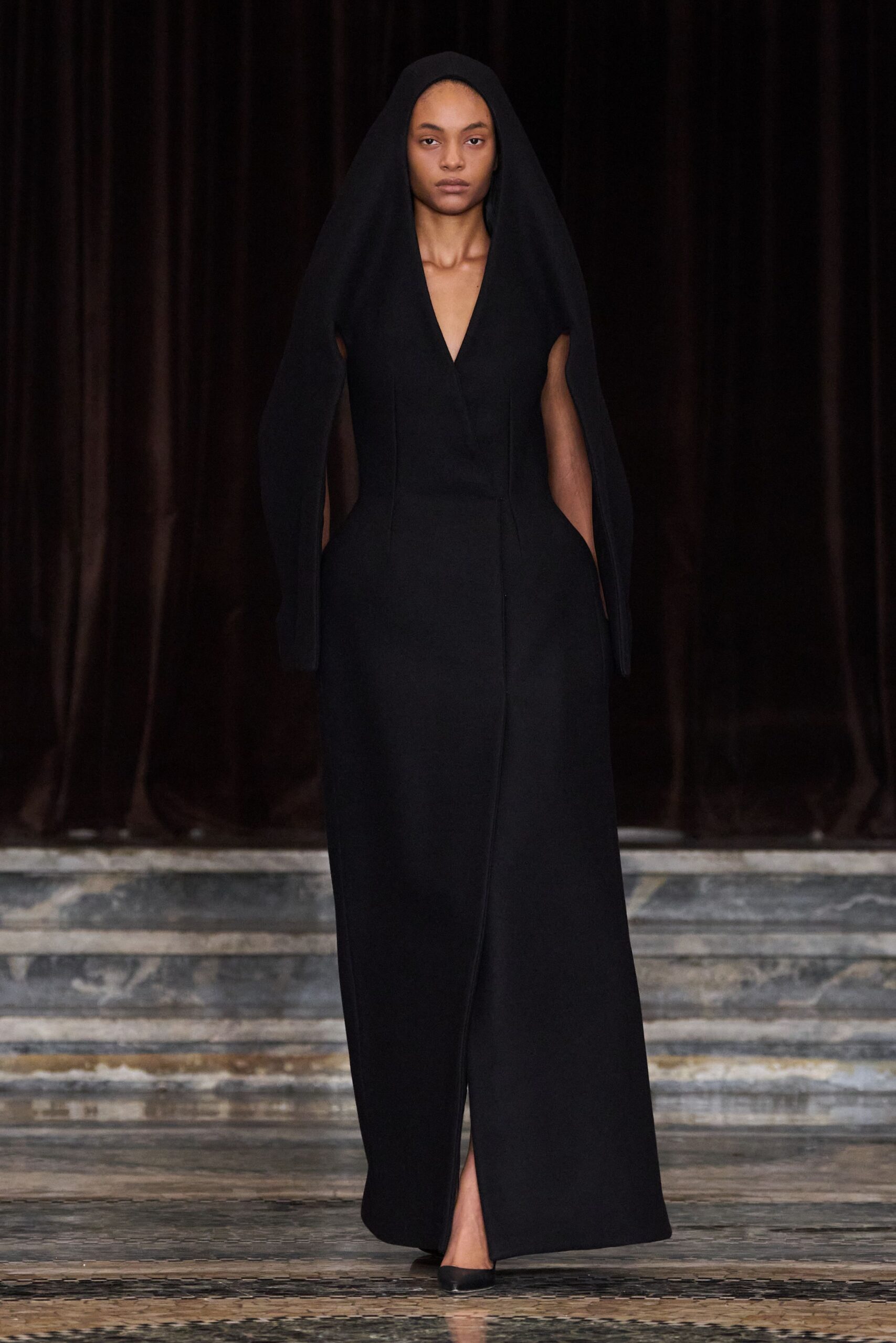 black wool fitted gown