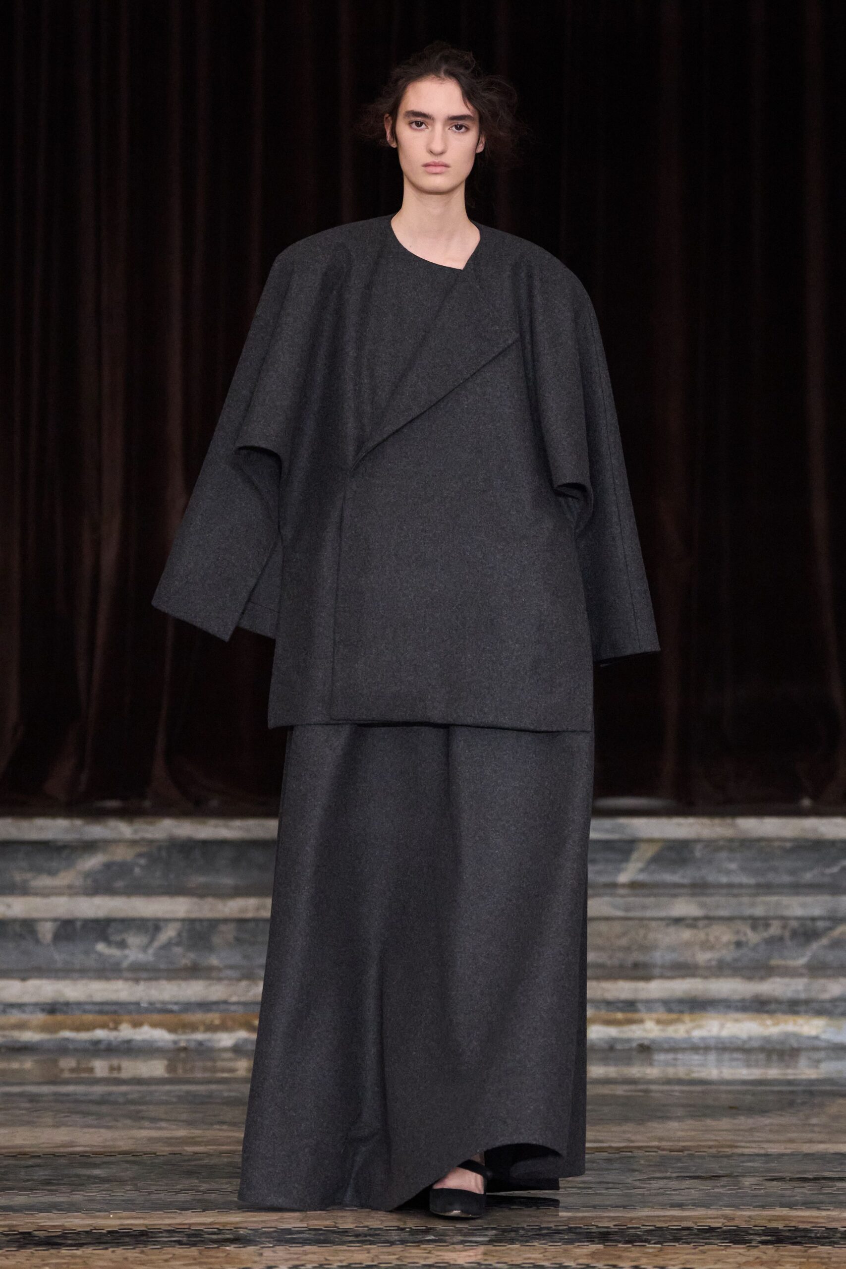 gray oversized coat and dress