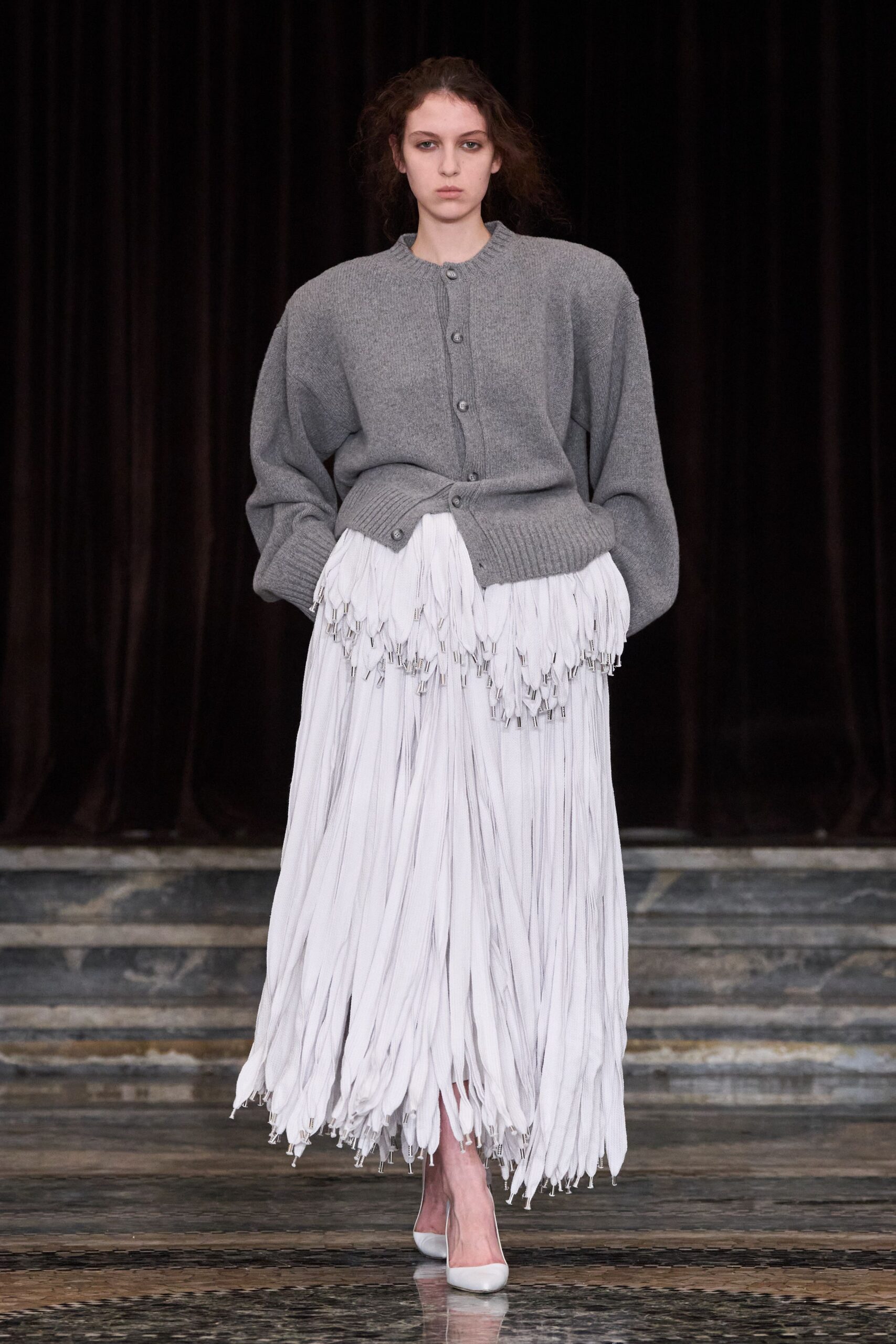 gray oversized cardigan white pleated skirt