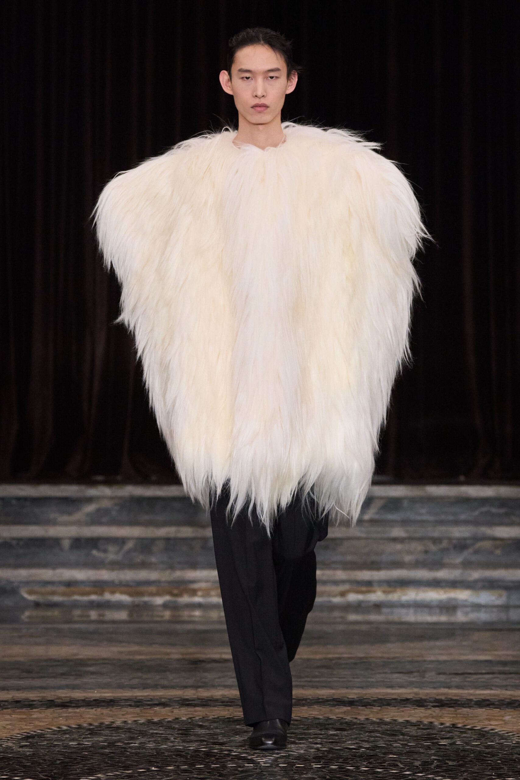 white fur oversized cape with black pants