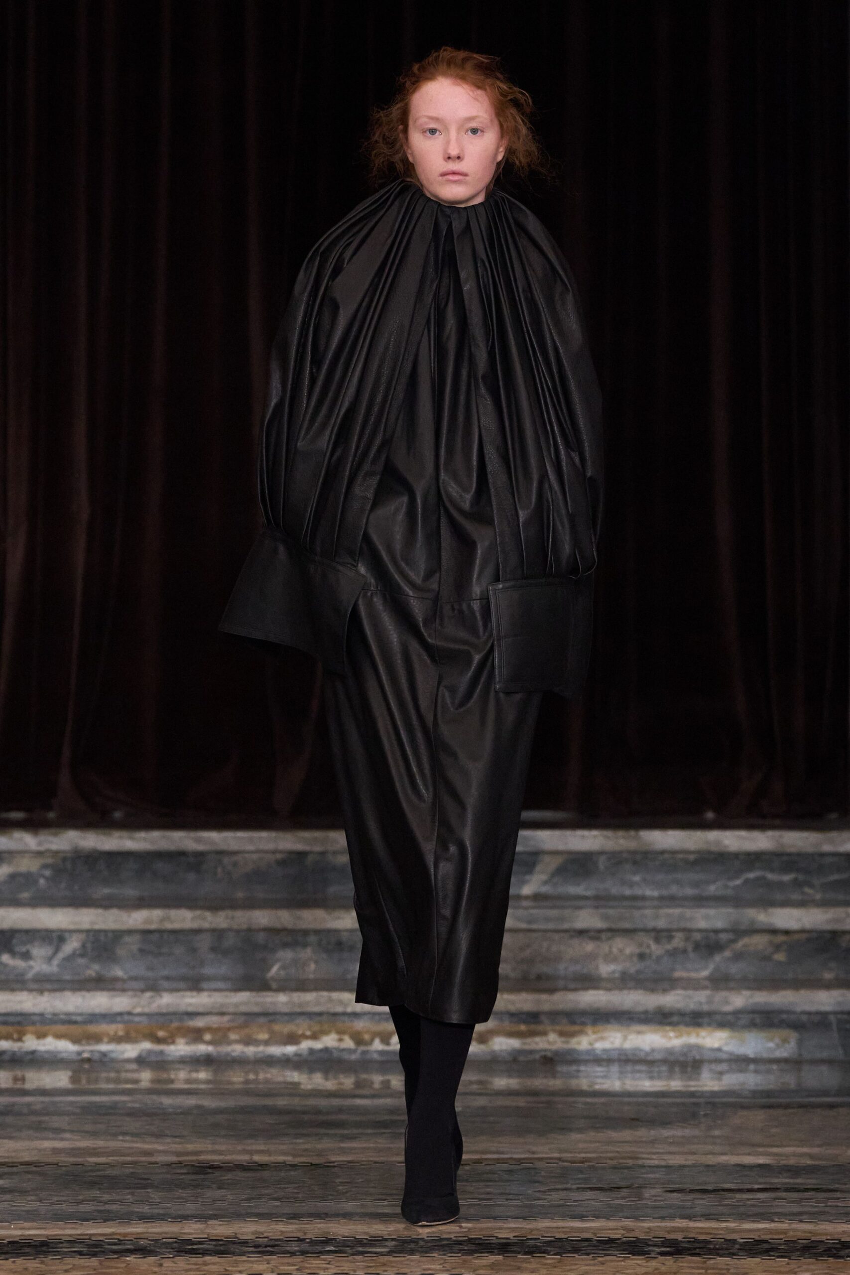 black leather pleated midi dress