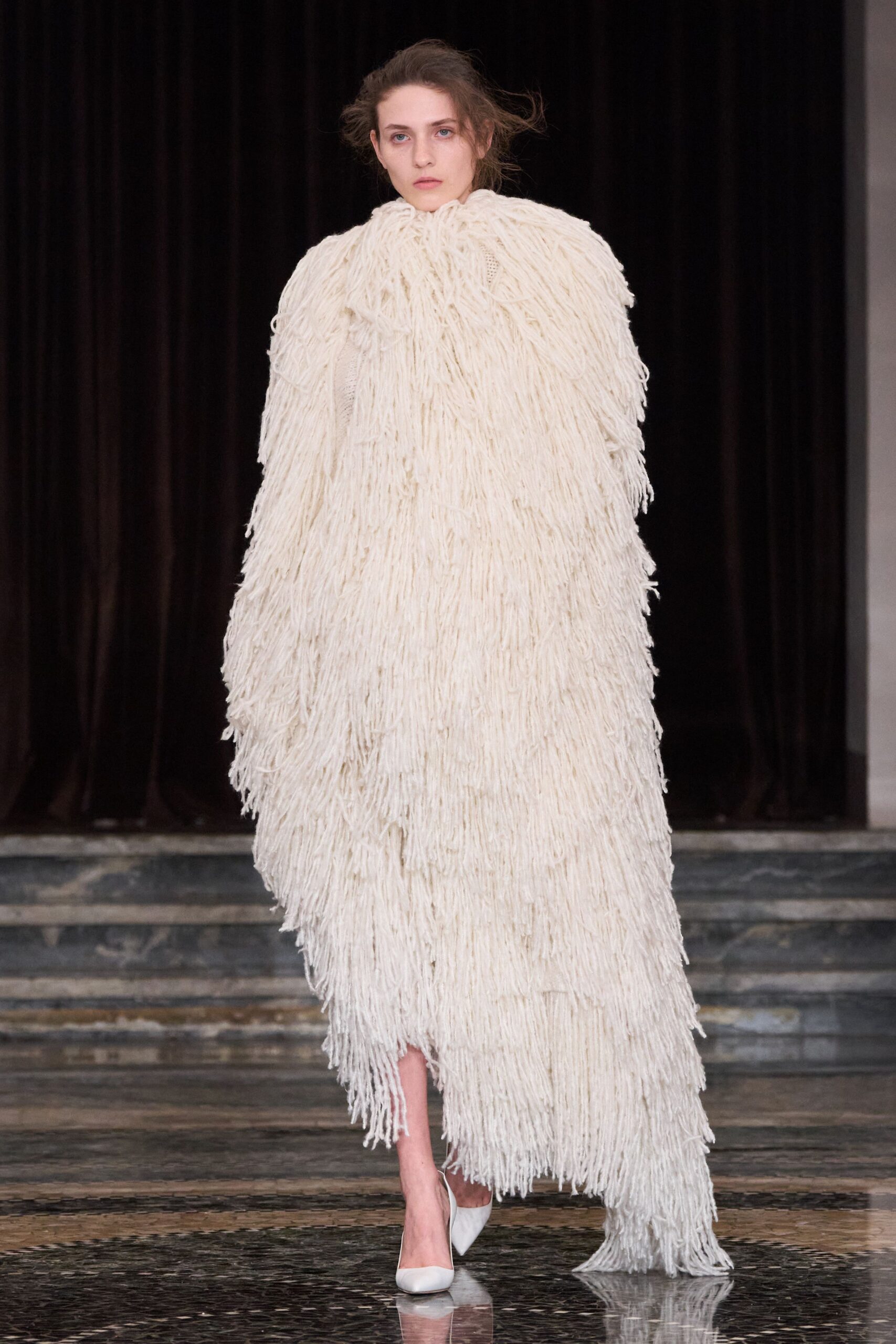 white fringed cape with heels