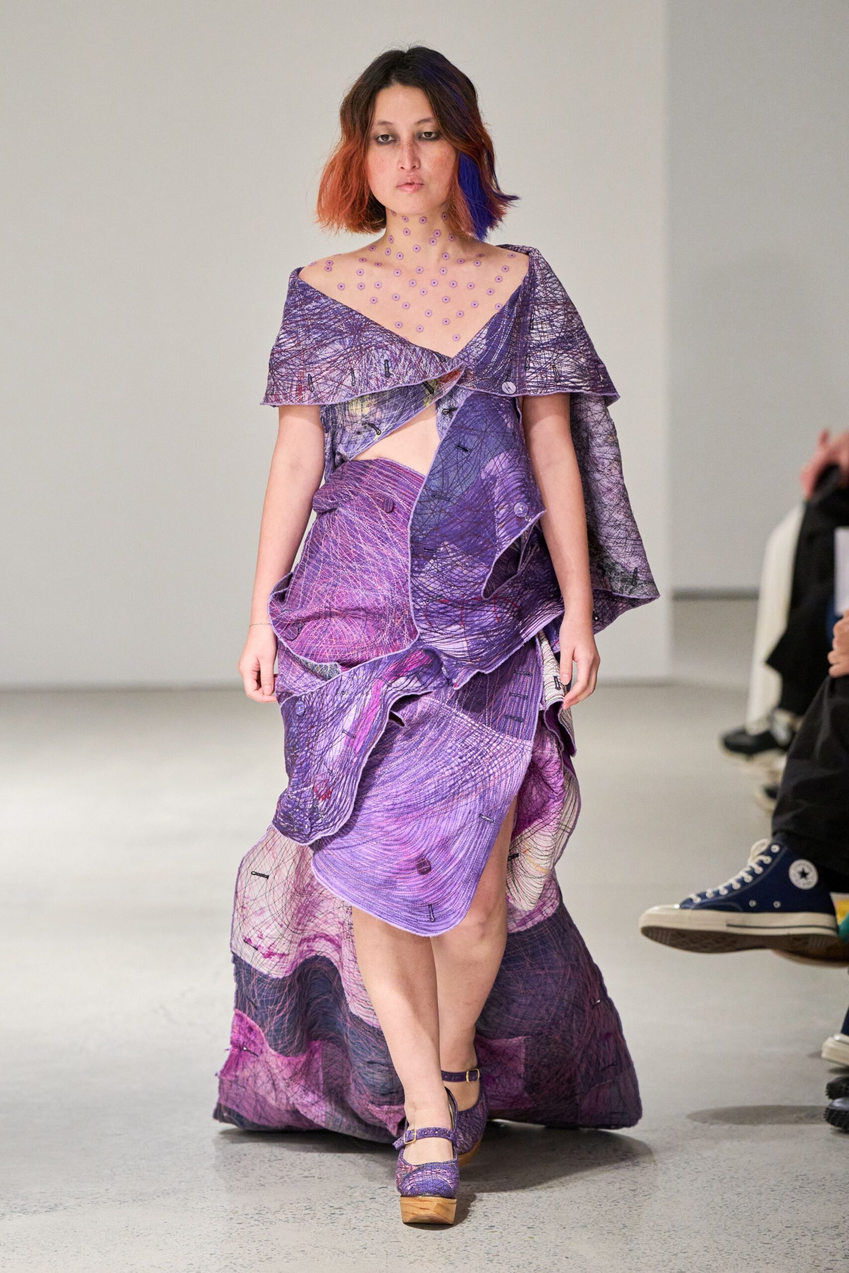 purple silk sleeveless off-shoulder fitted draped layered gown