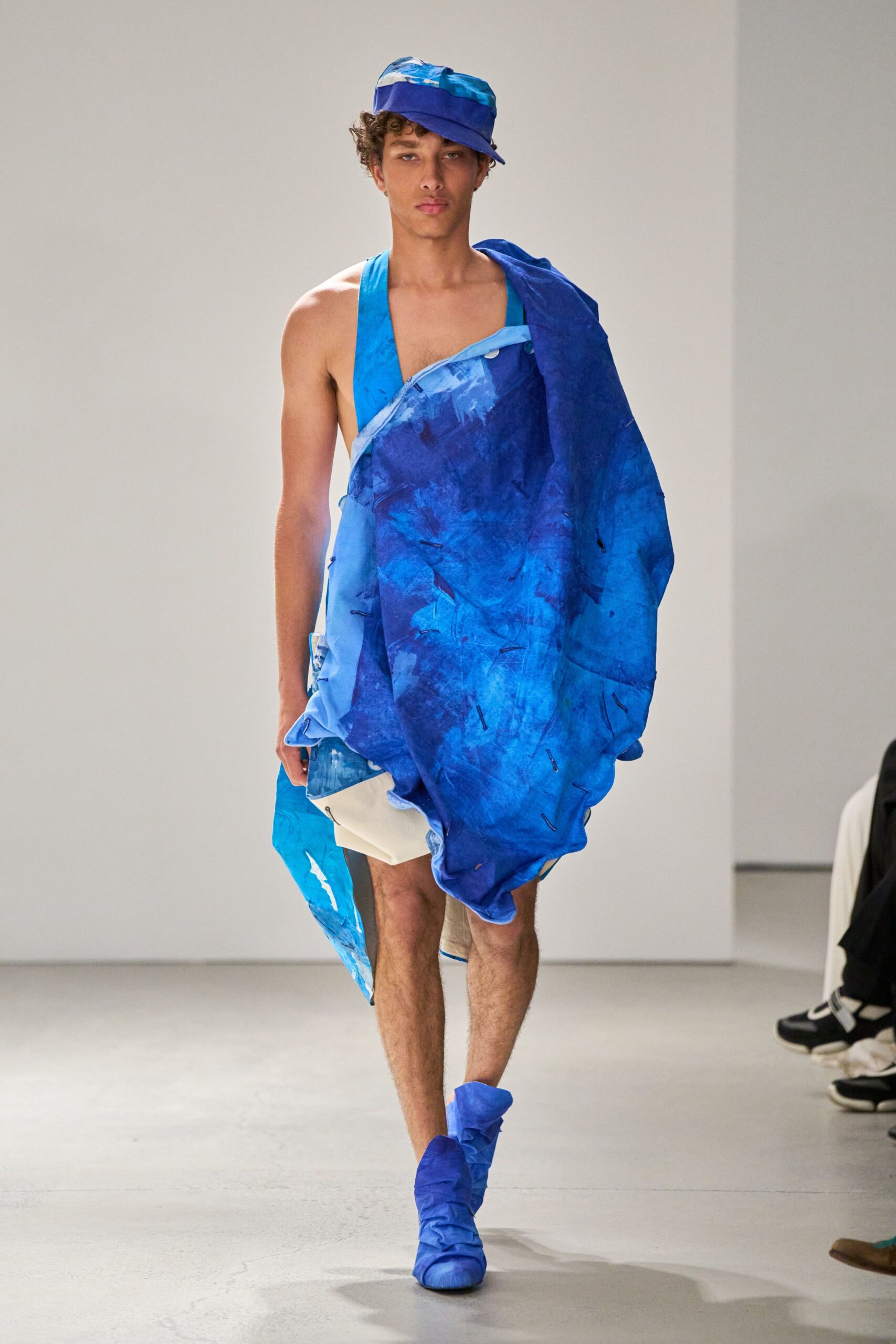 blue cotton sleeveless relaxed draped short dress