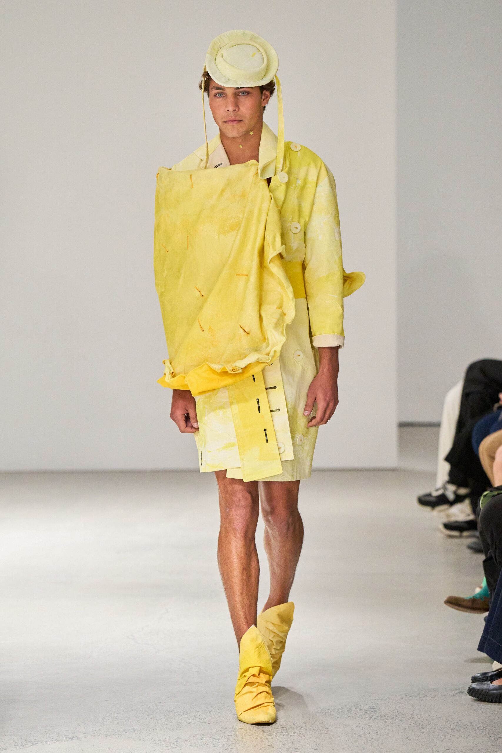 yellow cotton long-sleeve collared relaxed buttoned coat