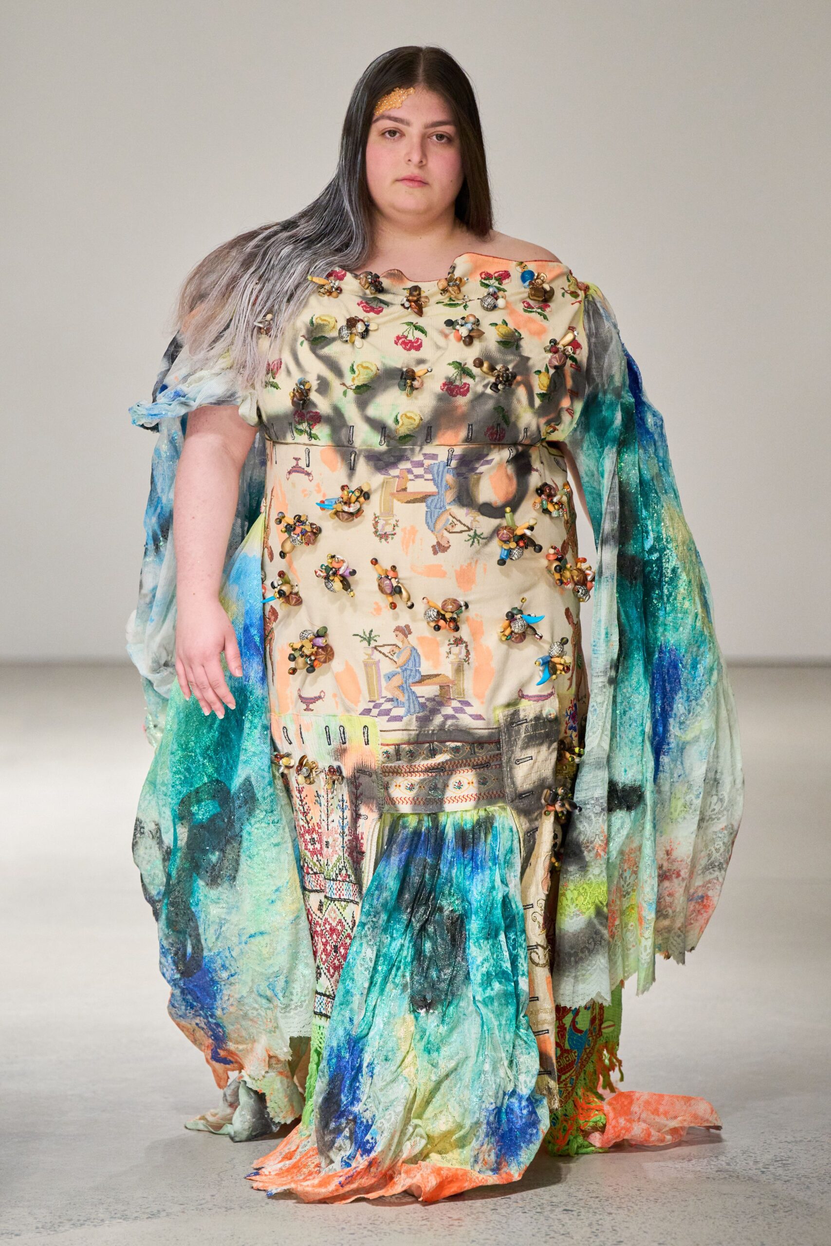 multi-colored flowing off-shoulder dress